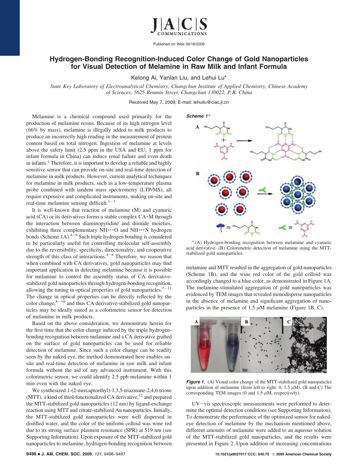 Hydrogen-Bonding Recognition-Induced Color Change of Gold Nanoparticles for Visual Detection of Melamine in Raw Milk and Infant Formula by Kelong Ai Yanlan Liu and Lehui Lu* & Yanlan Liu and Lehui Lu*