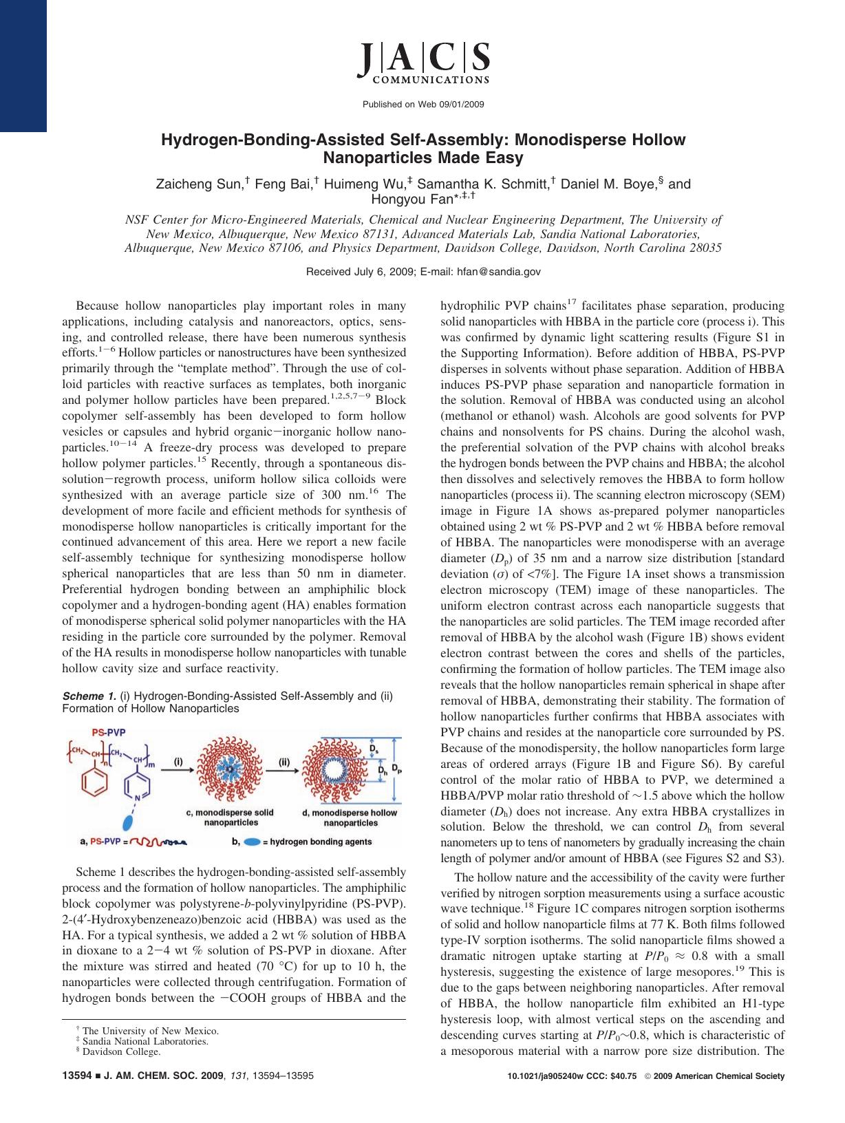 Hydrogen-Bonding-Assisted Self-Assembly: Monodisperse Hollow Nanoparticles Made Easy by unknow