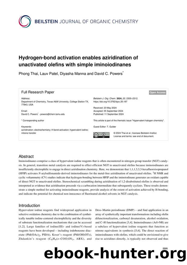 Hydrogen-bond activation enables aziridination of unactivated olefins with simple iminoiodinanes by Phong Thai Lauv Patel Diyasha Manna David C. Powers