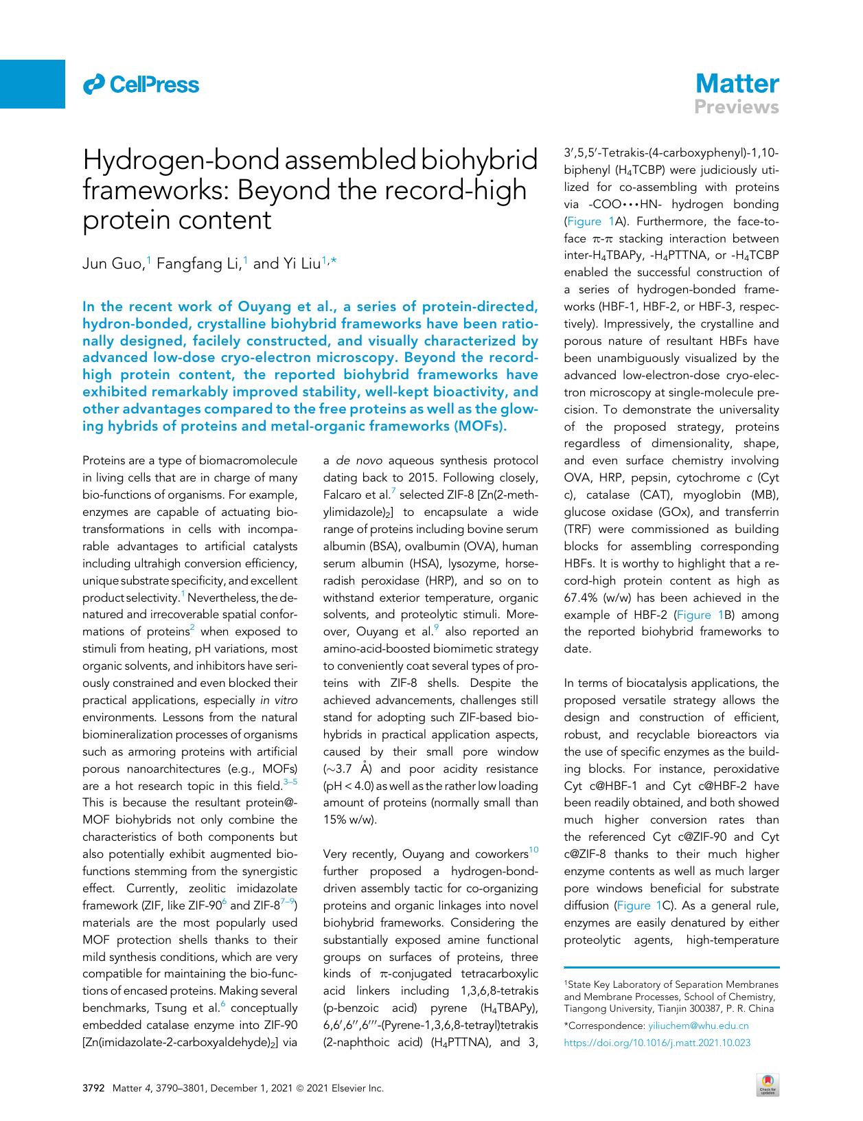 Hydrogen-bond assembled biohybrid frameworks: Beyond the record-high protein content by Jun Guo & Fangfang Li & Yi Liu