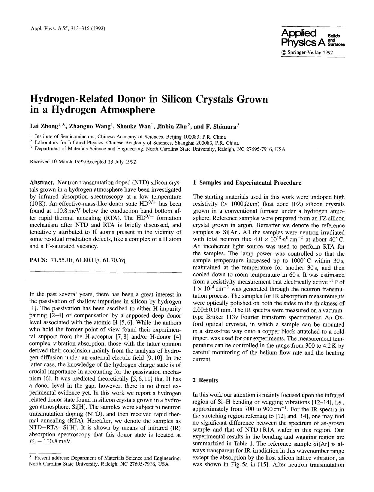 Hydrogen-related donor in silicon crystals grown in a hydrogen atmosphere by Unknown