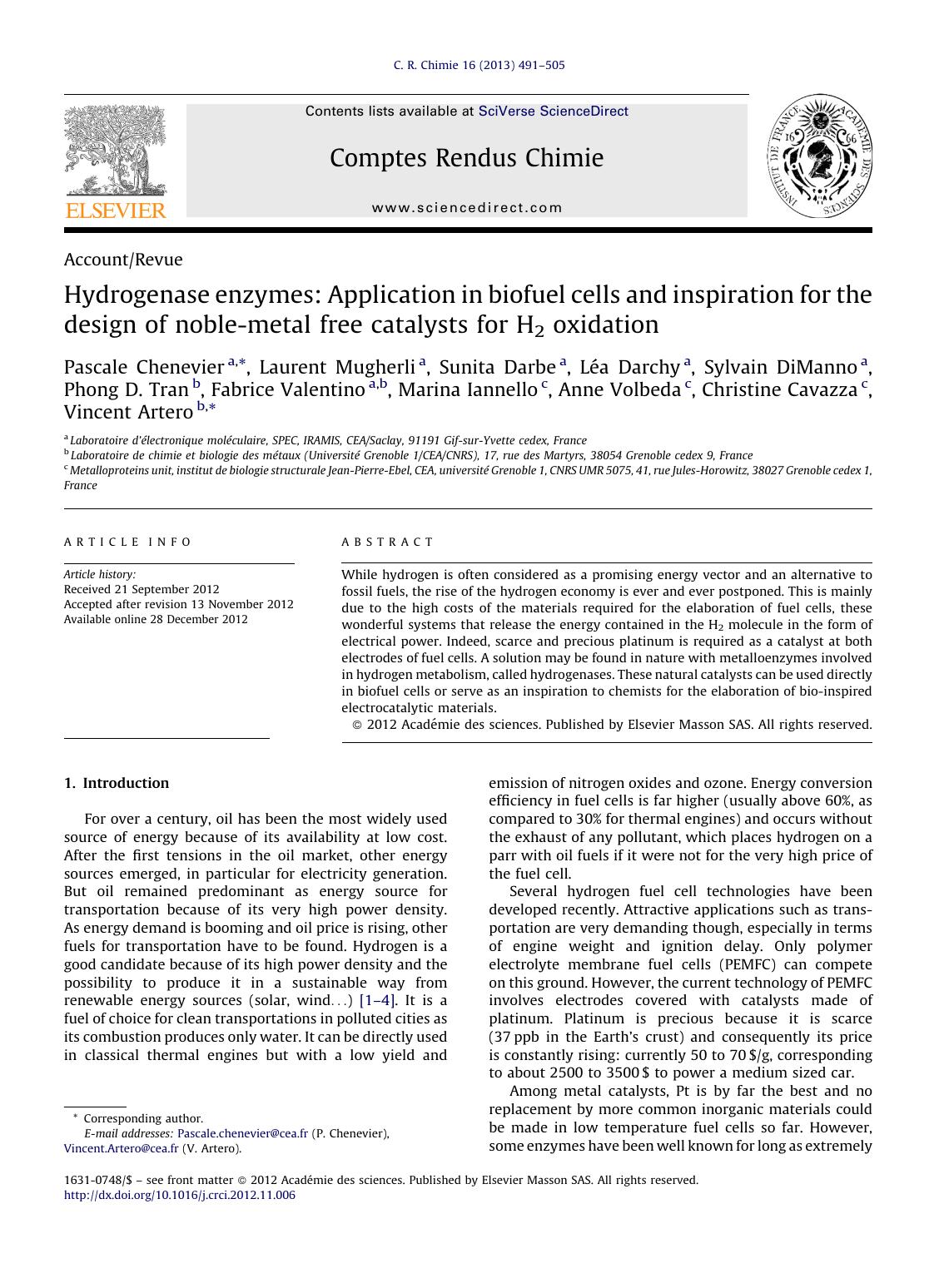 Hydrogenase enzymes: Application in biofuel cells and inspiration for the design of noble-metal free catalysts for H2 oxidation by Pascale Chenevier