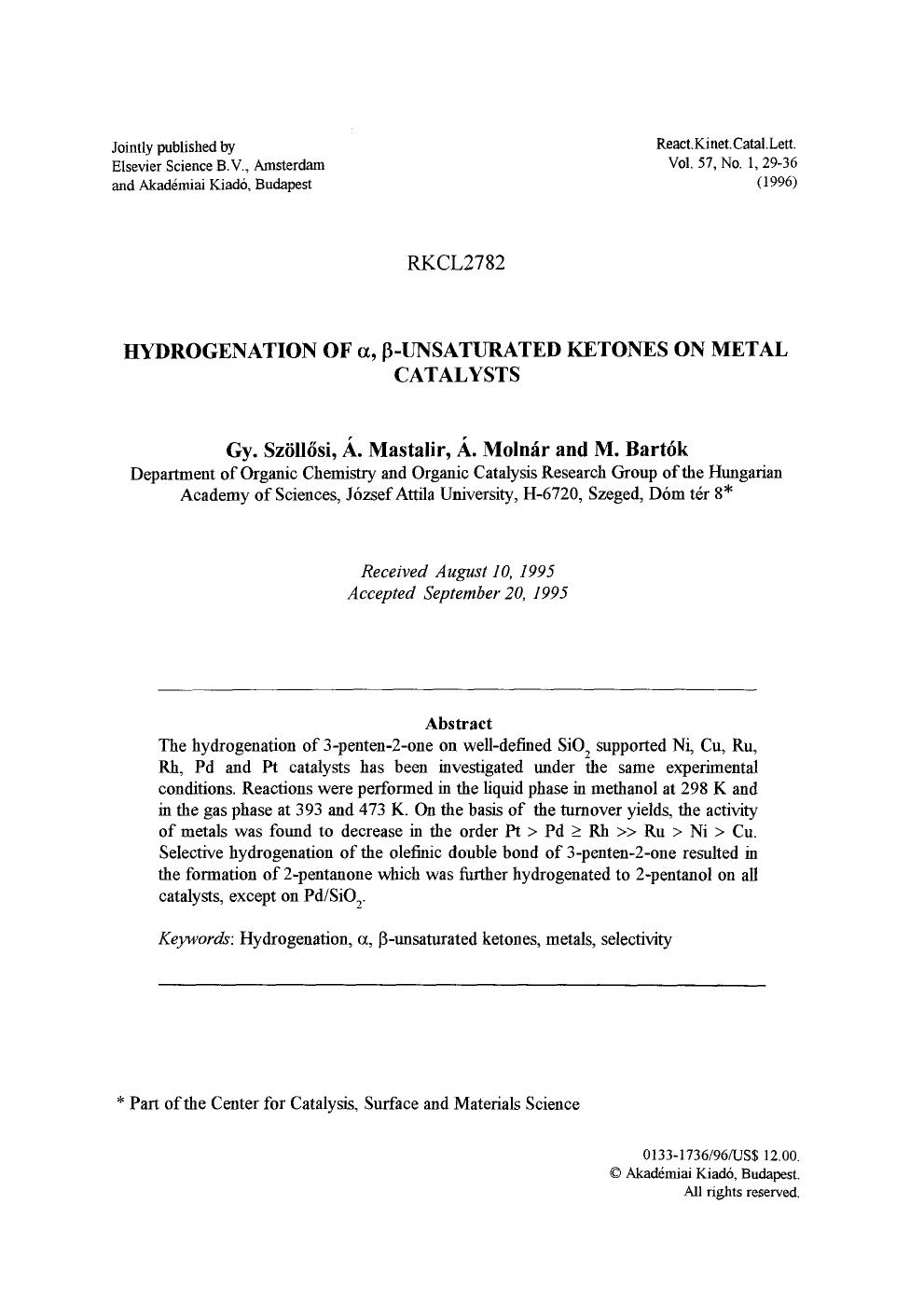 Hydrogenation of &#x03B1;,&#x03B2;-unsaturated ketones on metal catalysts by Unknown