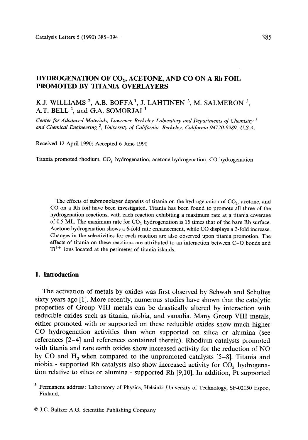 Hydrogenation of CO <Subscript>2 <Subscript>, acetone, and CO on a Rh foil promoted by titania overlayers by Unknown