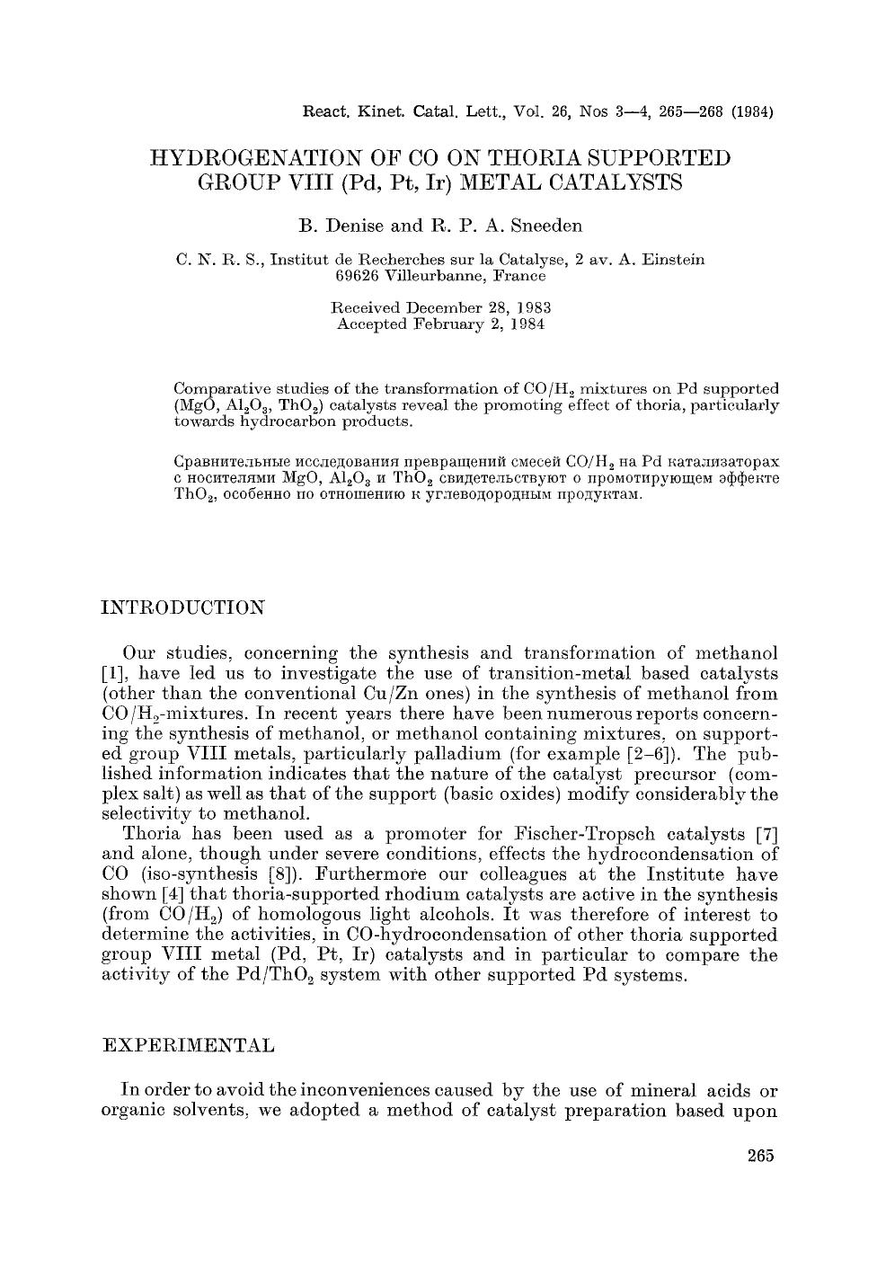 Hydrogenation of CO on thoria supported group VIII (Pd, Pt, Ir) metal catalysts by Unknown