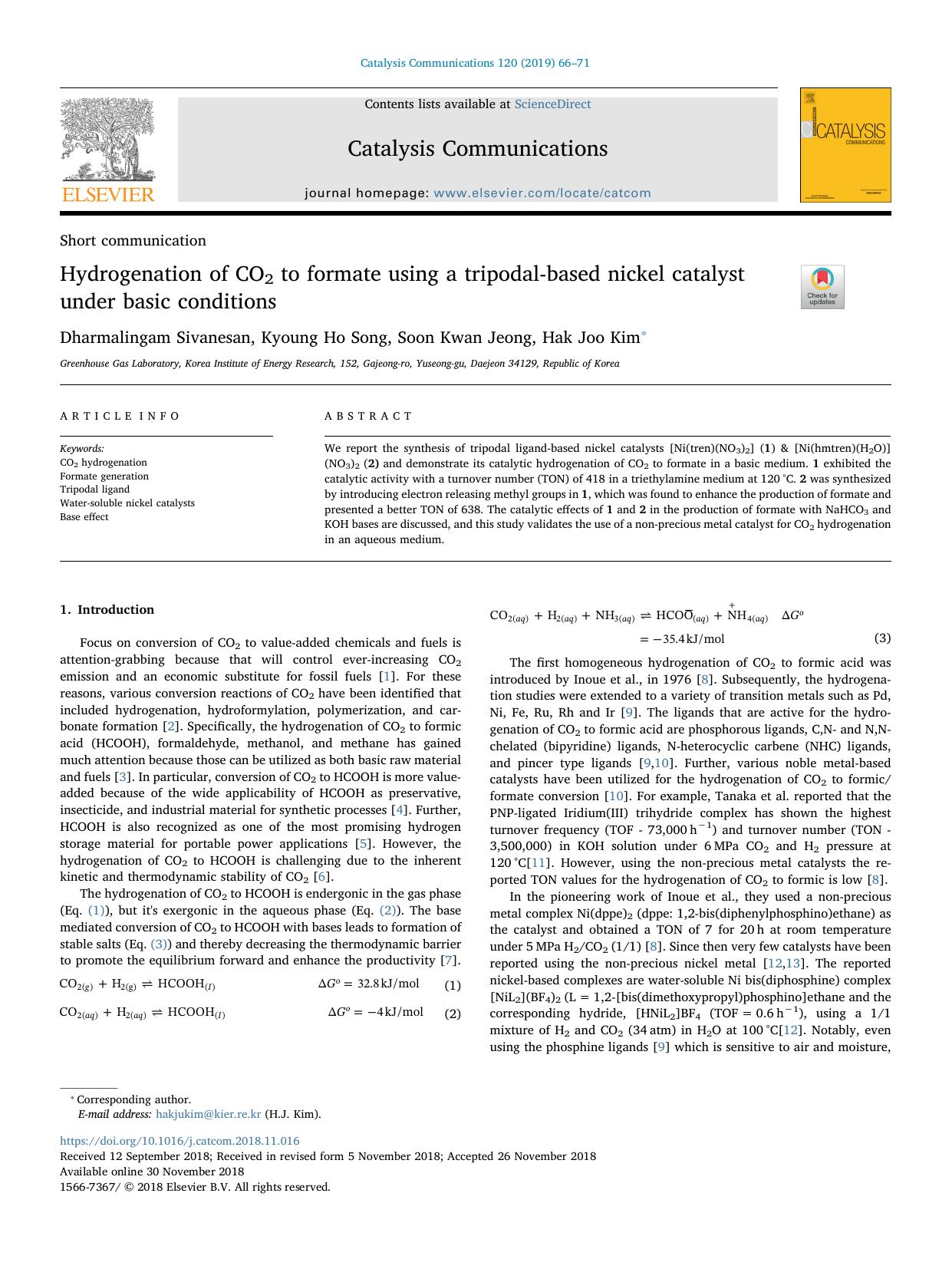 Hydrogenation of CO2 to formate using a tripodal-based nickel catalyst under basic conditions by Dharmalingam Sivanesan & Kyoung Ho Song & Soon Kwan Jeong & Hak Joo Kim