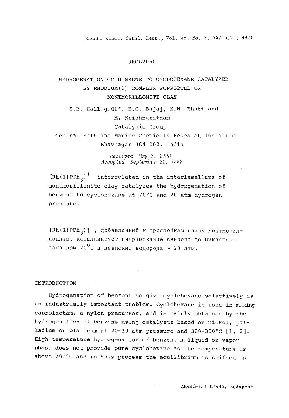 Hydrogenation of benzene to cyclohexane catalyzed by rhodium(I) complex supported on montmorillonite clay by Unknown