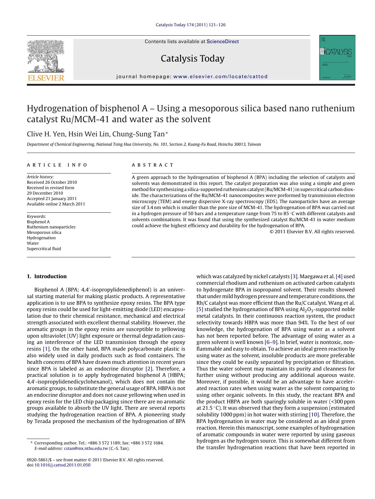 Hydrogenation of bisphenol A Ã¢â¬â Using a mesoporous silica based nano ruthenium catalyst RuMCM-41 and water as the solvent by Clive H. Yen