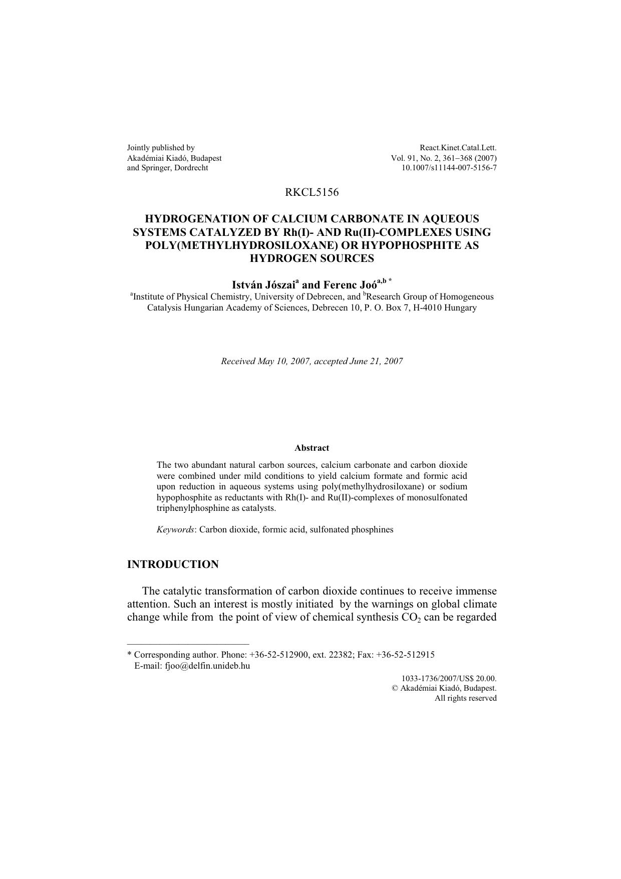 Hydrogenation of calcium carbonate in aqueous systems catalyzed by Rh(I)- and Ru(II)-complexes using poly(methylhydrosiloxane) or hypophosphite as hydrogen sources by Unknown