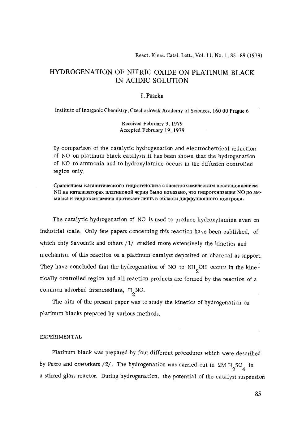 Hydrogenation of nitric oxide on platinum black in acidic solution by Unknown