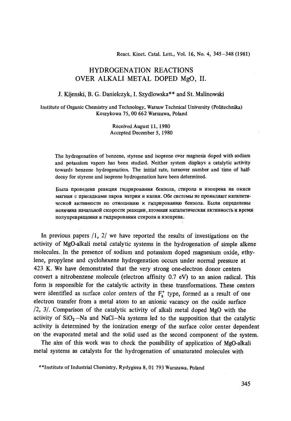 Hydrogenation reactions over alkali metal doped MgO, II by Unknown