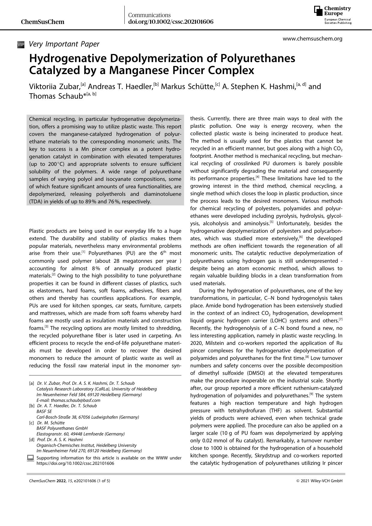 Hydrogenative Depolymerization of Polyurethanes Catalyzed by a Manganese Pincer Complex by Unknown