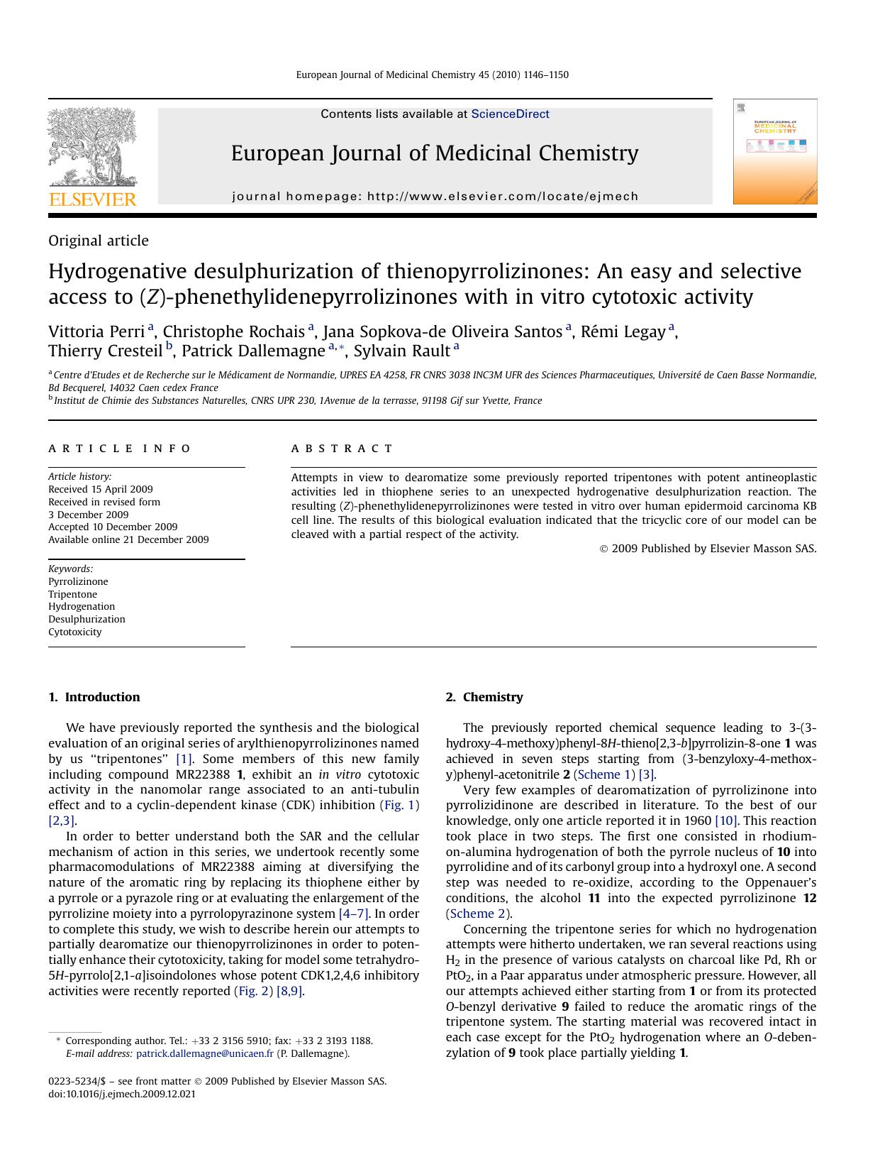 Hydrogenative desulphurization of thienopyrrolizinones: An easy and selective access to (Z)-phenethylidenepyrrolizinones with in vitro cytotoxic activity by unknow