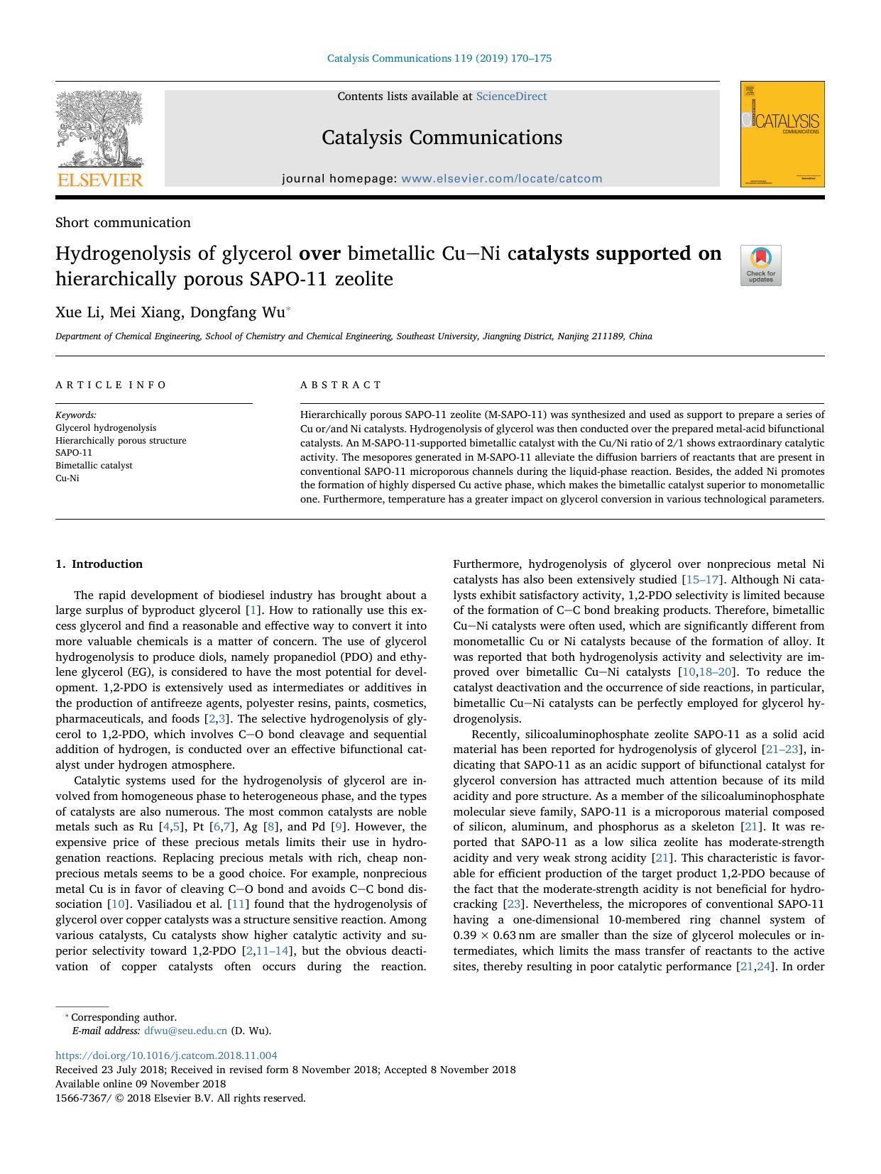 Hydrogenolysis of glycerol over bimetallic CuNi catalysts supported on hierarchically porous SAPO-11 zeolite by Xue Li & Mei Xiang & Dongfang Wu