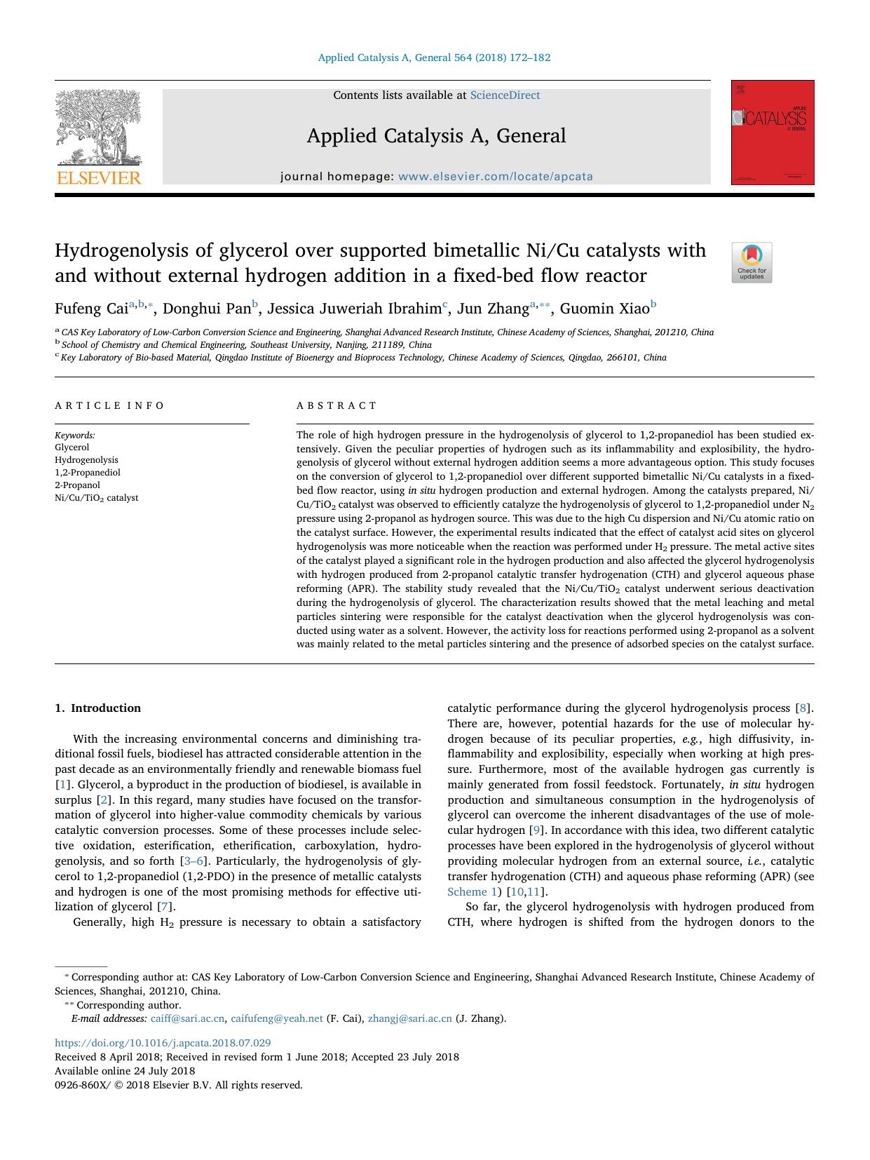 Hydrogenolysis of glycerol over supported bimetallic NiCu catalysts with and without external hydrogen addition in a fixed-bed flow reactor by Fufeng Cai & Donghui Pan & Jessica Juweriah Ibrahim & Jun Zhang & Guomin Xiao