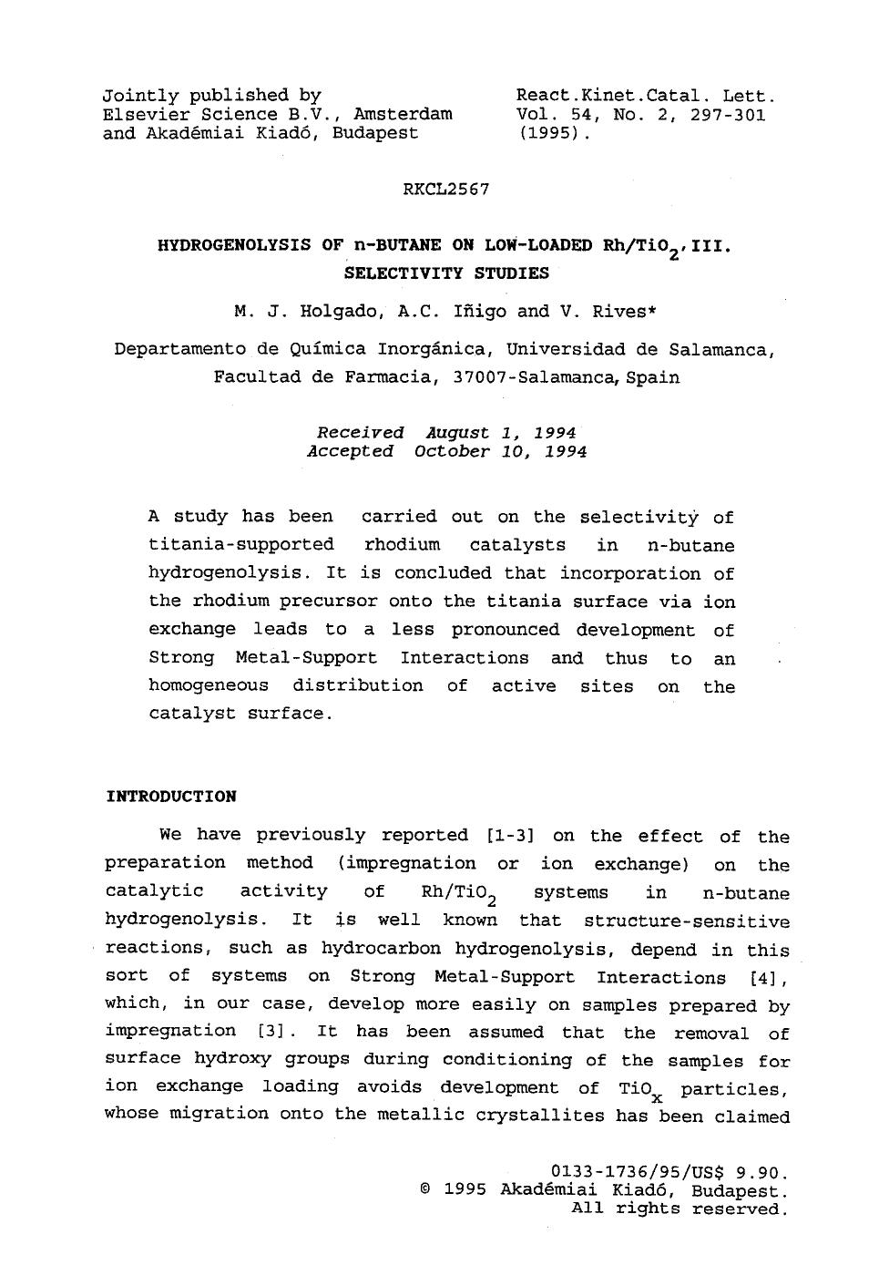 Hydrogenolysis of n-butane on low-loaded RhTiO <Subscript>2 <Subscript>, III. Selectivity studies by Unknown