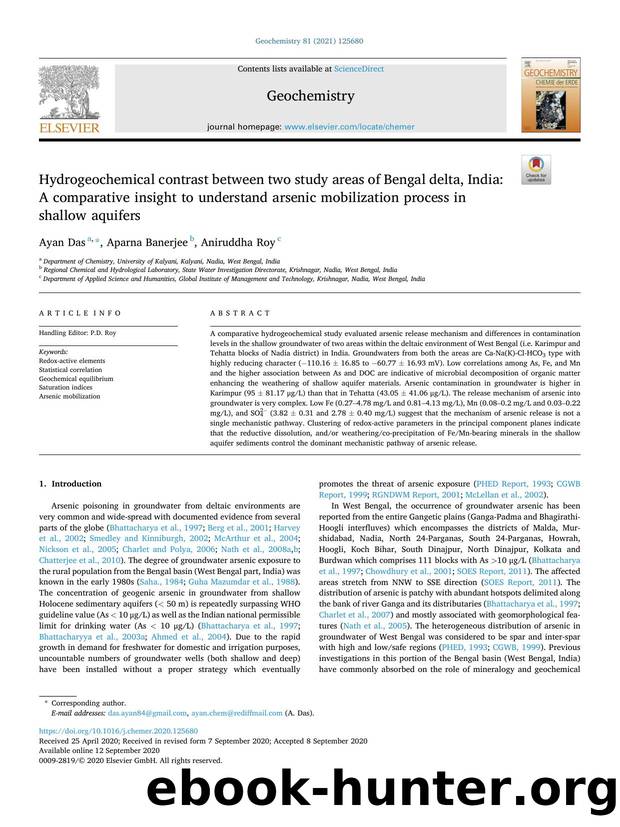 Hydrogeochemical contrast between two study areas of Bengal delta, India: A comparative insight to understand arsenic mobilization process in shallow aquifers by Ayan Das & Aparna Banerjee & Aniruddha Roy
