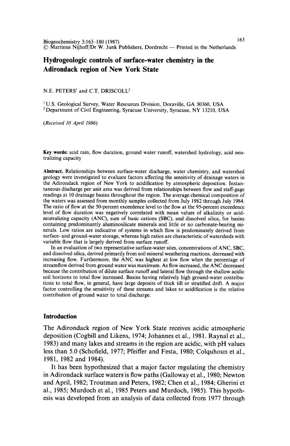Hydrogeologic controls of surface-water chemistry in the Adirondack region of New York State by Unknown