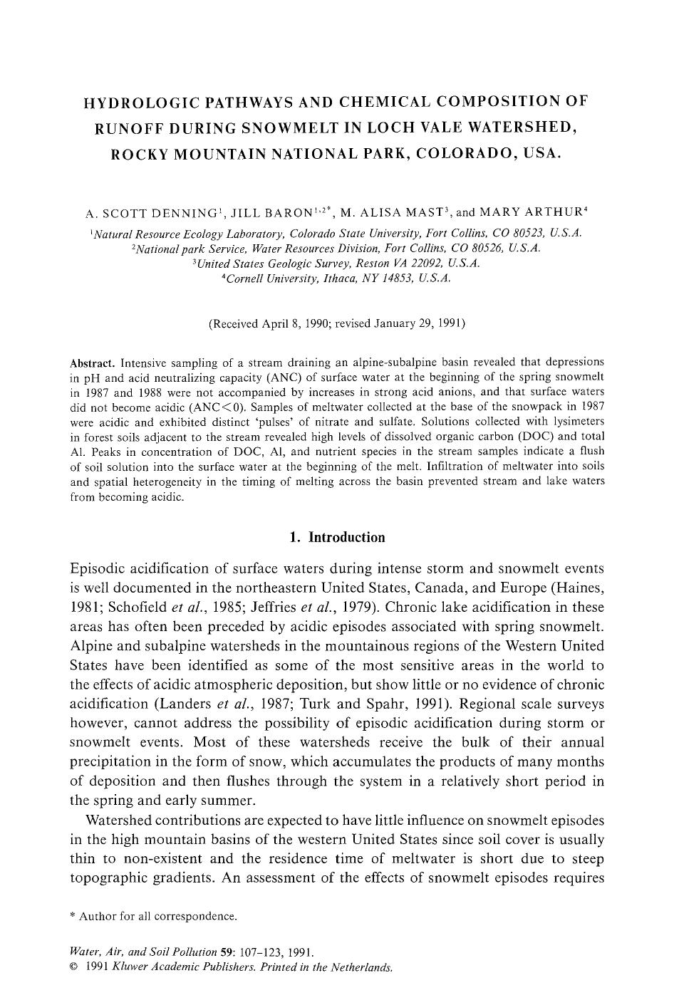 Hydrologic pathways and chemical composition of runoff during snowmelt in Loch Vale Watershed, Rocky Mountain National Park, Colorado, USA by Unknown