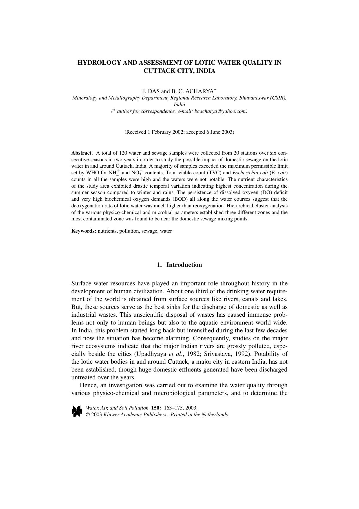 Hydrology and Assessment of Lotic Water Quality in Cuttack City, India by Unknown