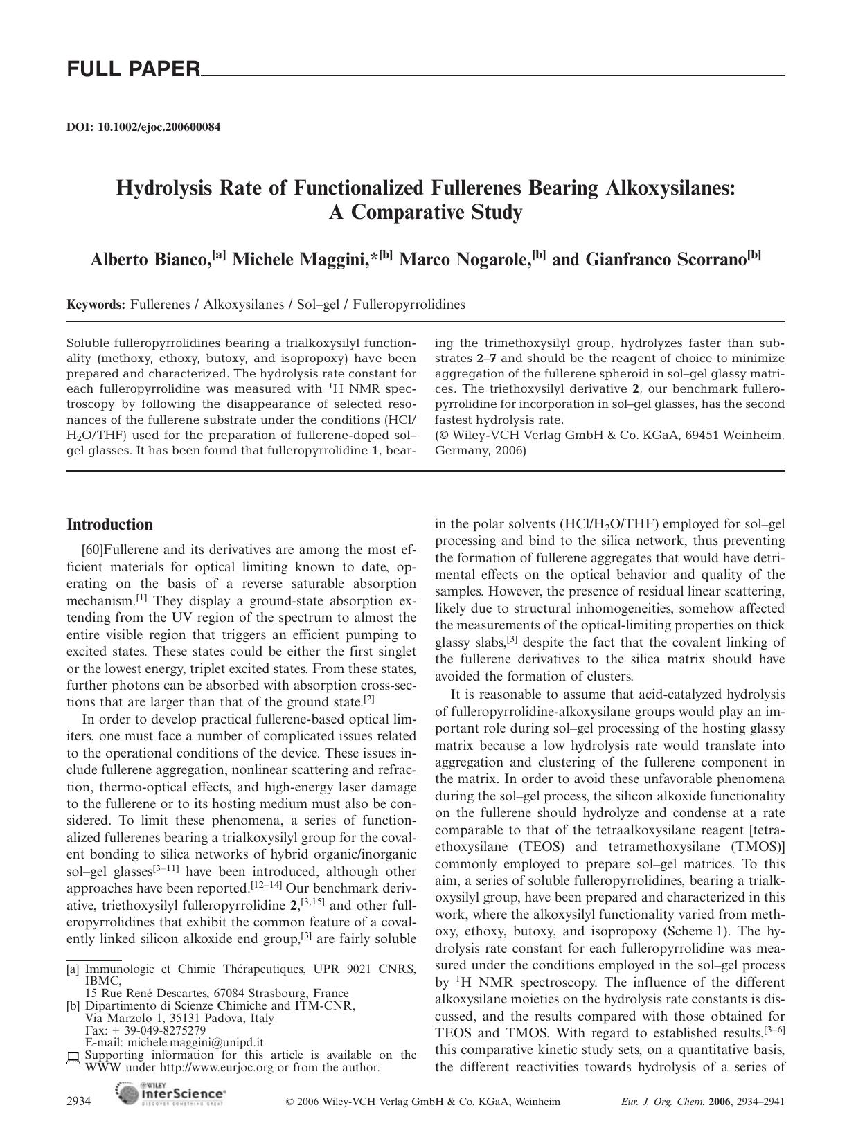 Hydrolysis Rate of Functionalized Fullerenes Bearing Alkoxysilanes: A Comparative Study by Unknown