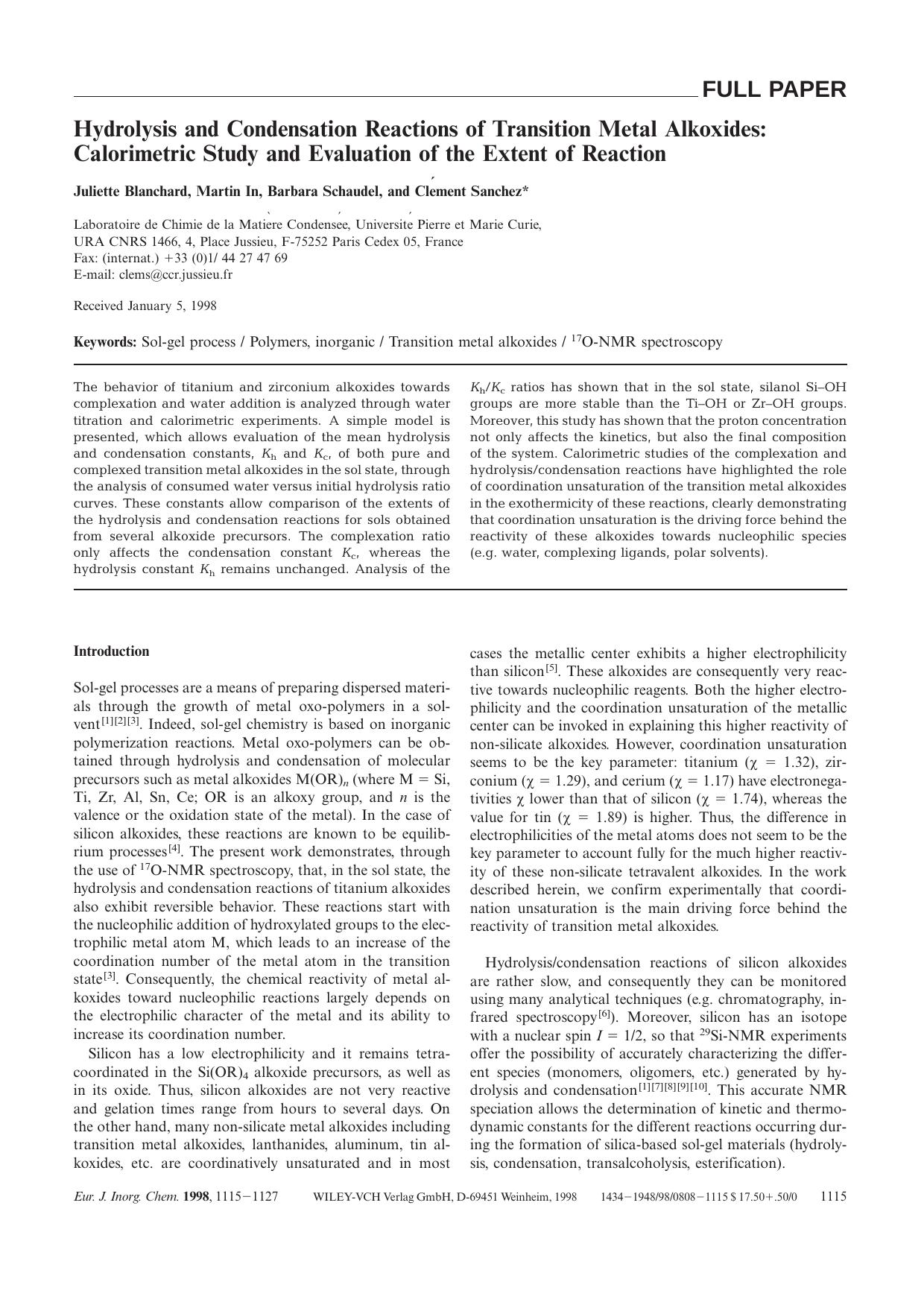 Hydrolysis and Condensation Reactions of Transition Metal Alkoxides: Calorimetric Study and Evaluation of the Extent of Reaction by Unknown