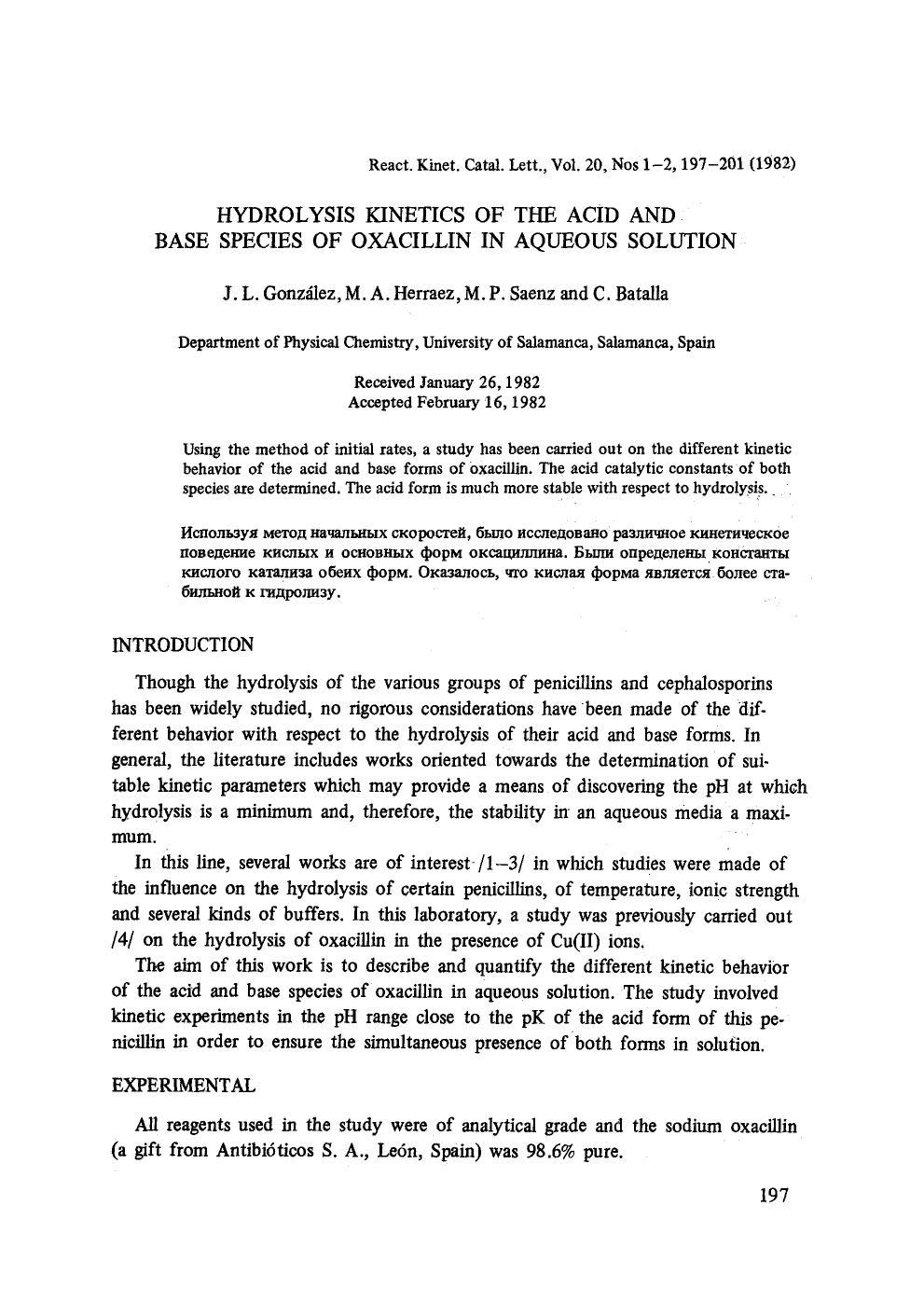 Hydrolysis kinetics of the acid and base species of oxacillin in aqueous solution by Unknown