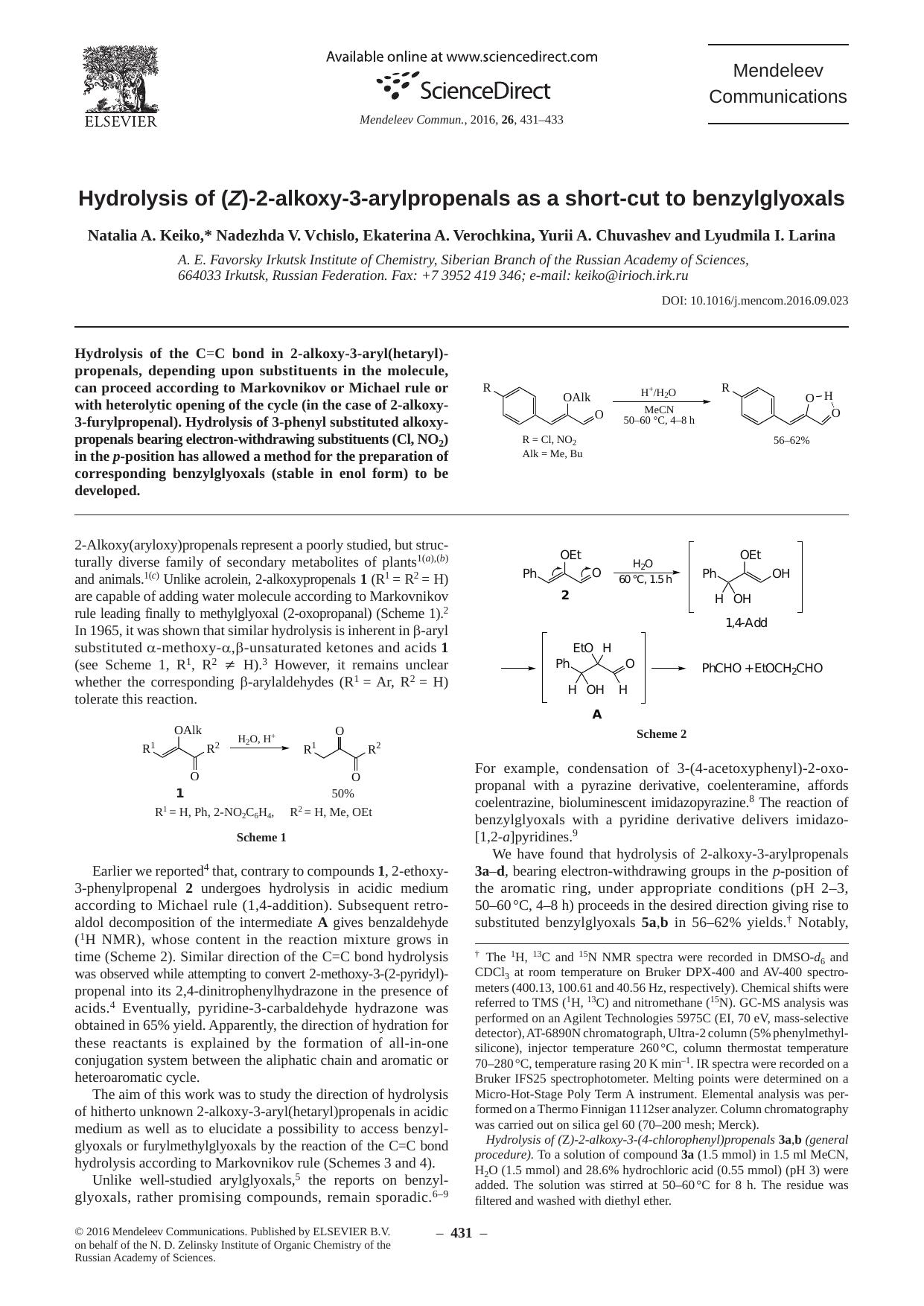 Hydrolysis of (Z)-2-alkoxy-3-arylpropenals as a short-cut to benzylglyoxals by unknow