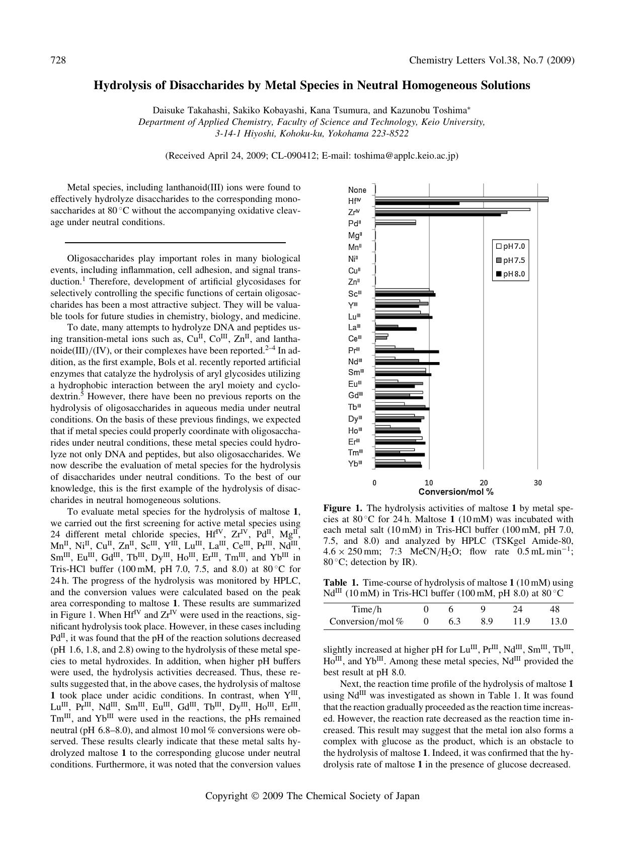 Hydrolysis of Disaccharides by Metal Species in Neutral Homogeneous Solutions by Daisuke Takahashi Sakiko Kobayashi Kana Tsumura & Kazunobu Toshima