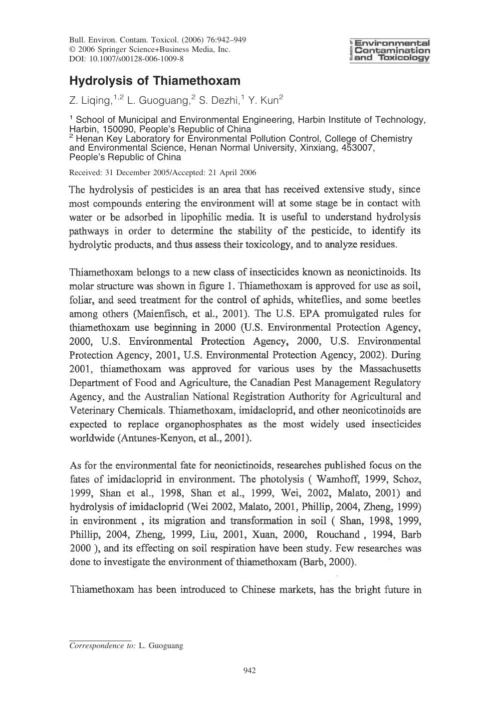 Hydrolysis of Thiamethoxam by Z. Liqing et al
