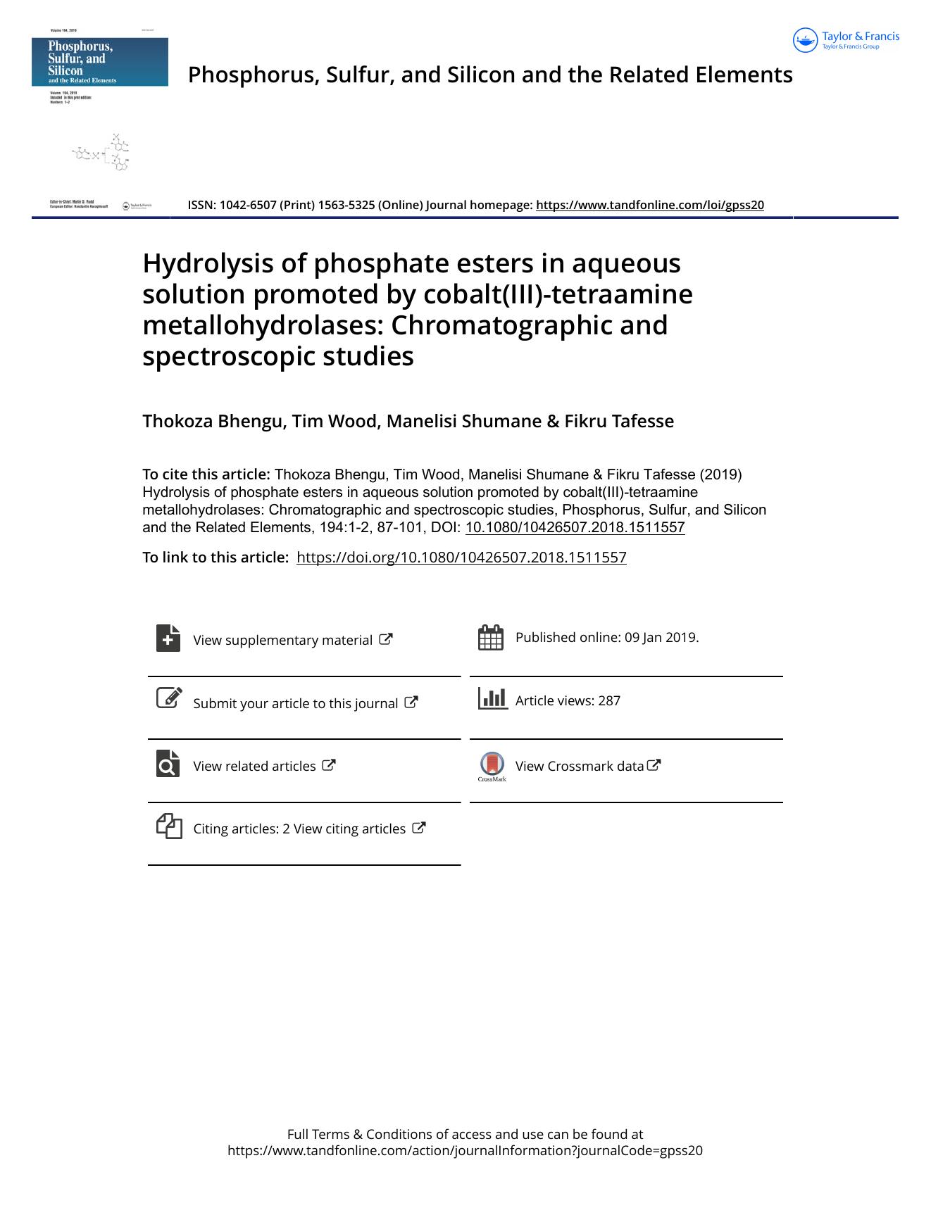 Hydrolysis of phosphate esters in aqueous solution promoted by cobalt(III)-tetraamine metallohydrolases: Chromatographic and spectroscopic studies by Bhengu Thokoza & Wood Tim & Shumane Manelisi & Tafesse Fikru