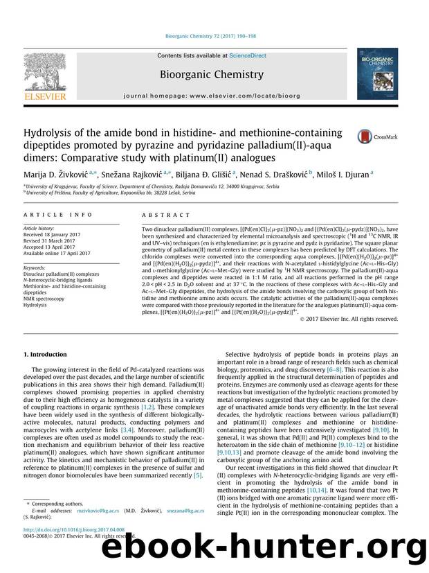Hydrolysis of the amide bond in histidine- and methionine-containing dipeptides promoted by pyrazine and pyridazine palladium(II)-aqua dimers: Comparative study with platinum(II) analogues by unknow