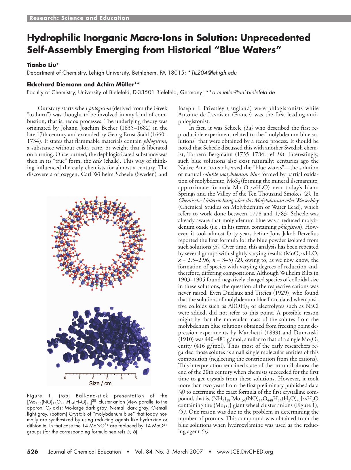 Hydrophilic Inorganic Macro-Ions in Solution: Unprecedented Self-Assembly Emerging from Historical "Blue Waters by Tianbo Liu Ekkehard Diemann and Achim M�ller