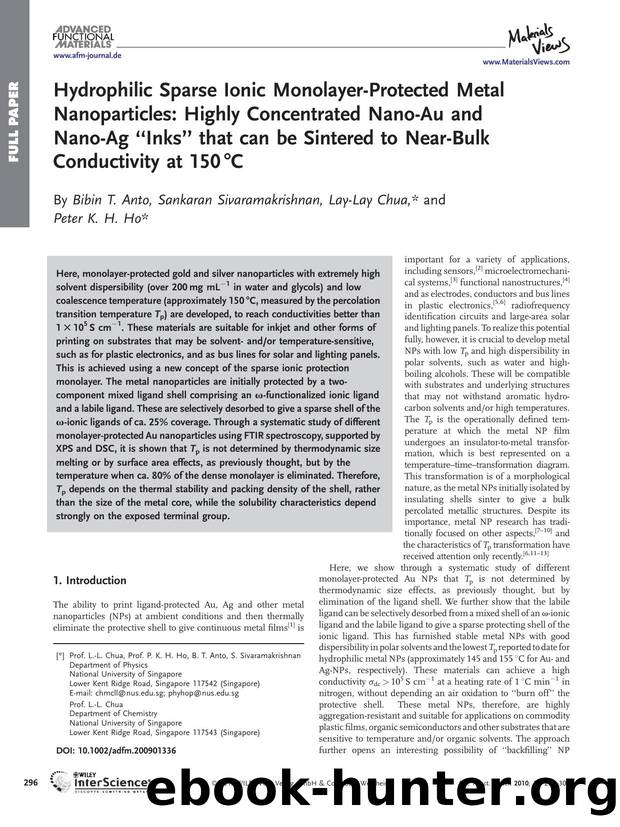 Hydrophilic Sparse Ionic Monolayer-Protected Metal Nanoparticles: Highly Concentrated Nano-Au and Nano-Ag "Inks" that can be Sintered to Near-Bulk Conductivity at 150[thinsp]Â°C by Unknown