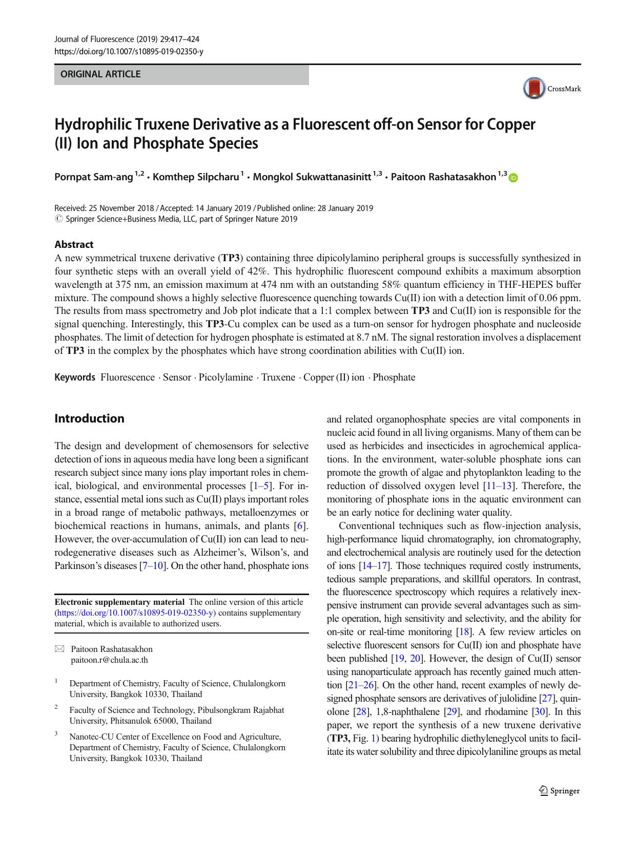 Hydrophilic Truxene Derivative as a Fluorescent off-on Sensor for Copper (II) Ion and Phosphate Species by Pornpat Sam-ang & Komthep Silpcharu & Mongkol Sukwattanasinitt & Paitoon Rashatasakhon
