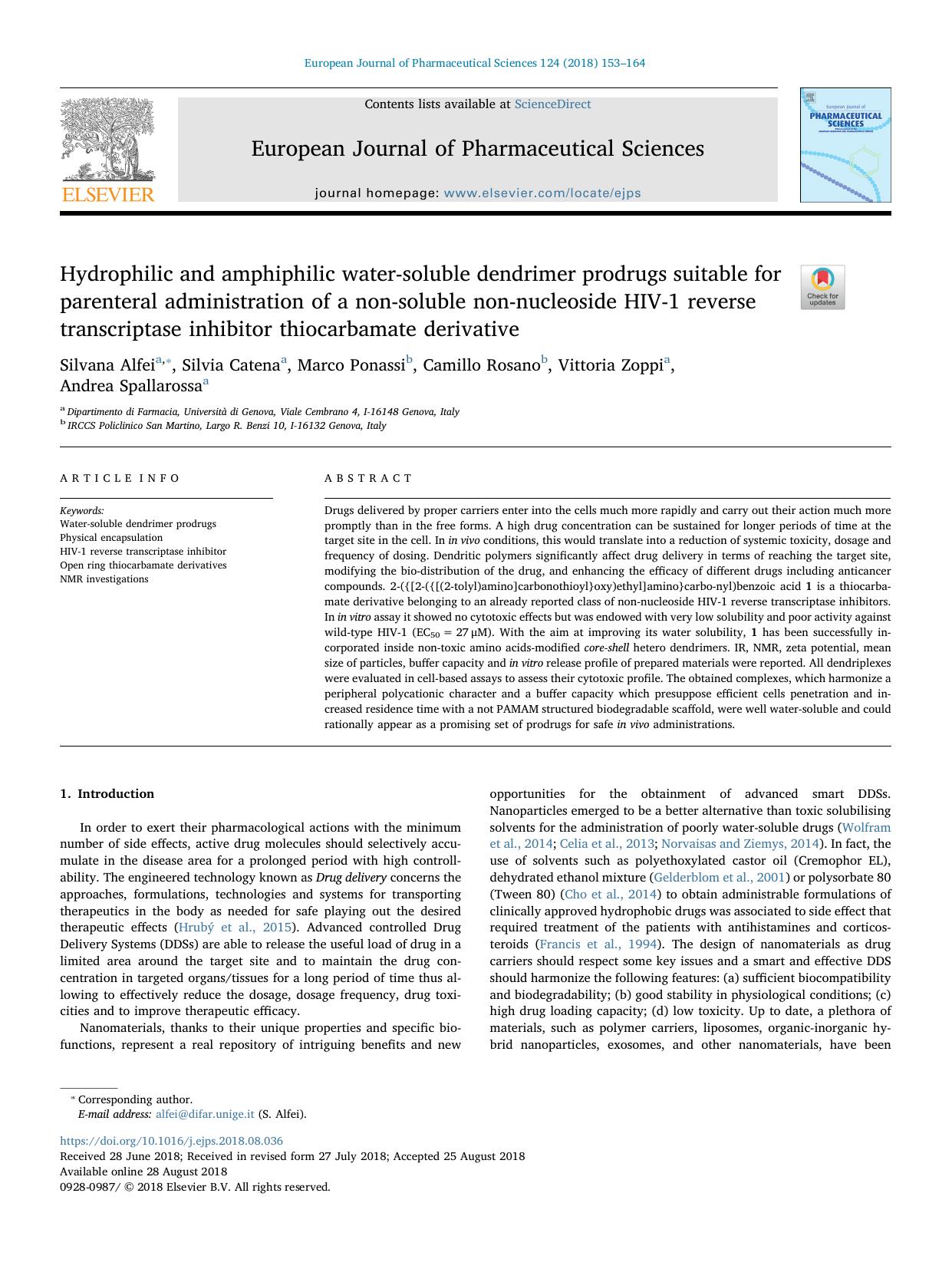 Hydrophilic and amphiphilic water-soluble dendrimer prodrugs suitable for parenteral administration of a non-soluble non-nucleoside HIV-1 reverse transcriptase inhibitor thiocarbamate derivative by Silvana Alfei & Silvia Catena & Marco Ponassi & Camillo Rosano & Vittoria Zoppi & Andrea Spallarossa