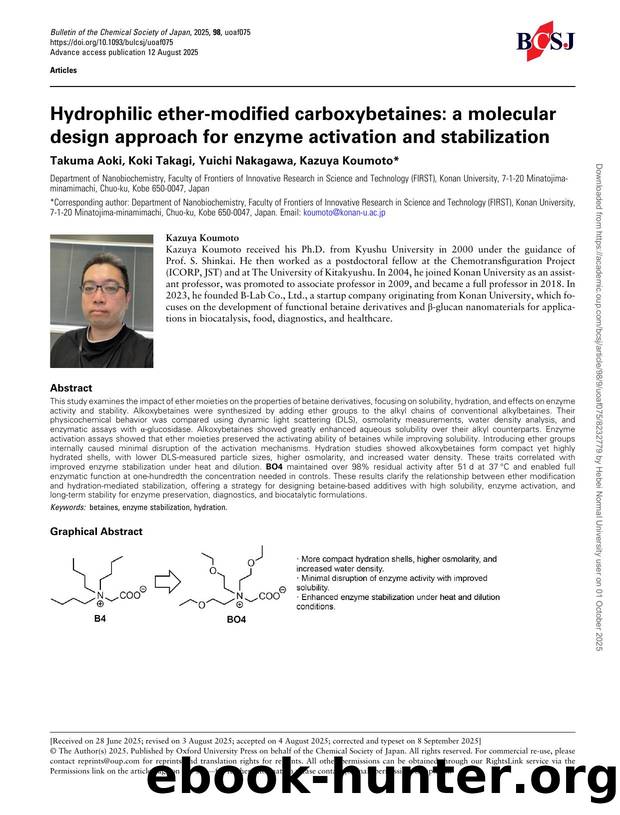 Hydrophilic ether-modified carboxybetaines: a molecular design approach for enzyme activation and stabilization by Takuma Aoki & Koki Takagi & Yuichi Nakagawa & Kazuya Koumoto