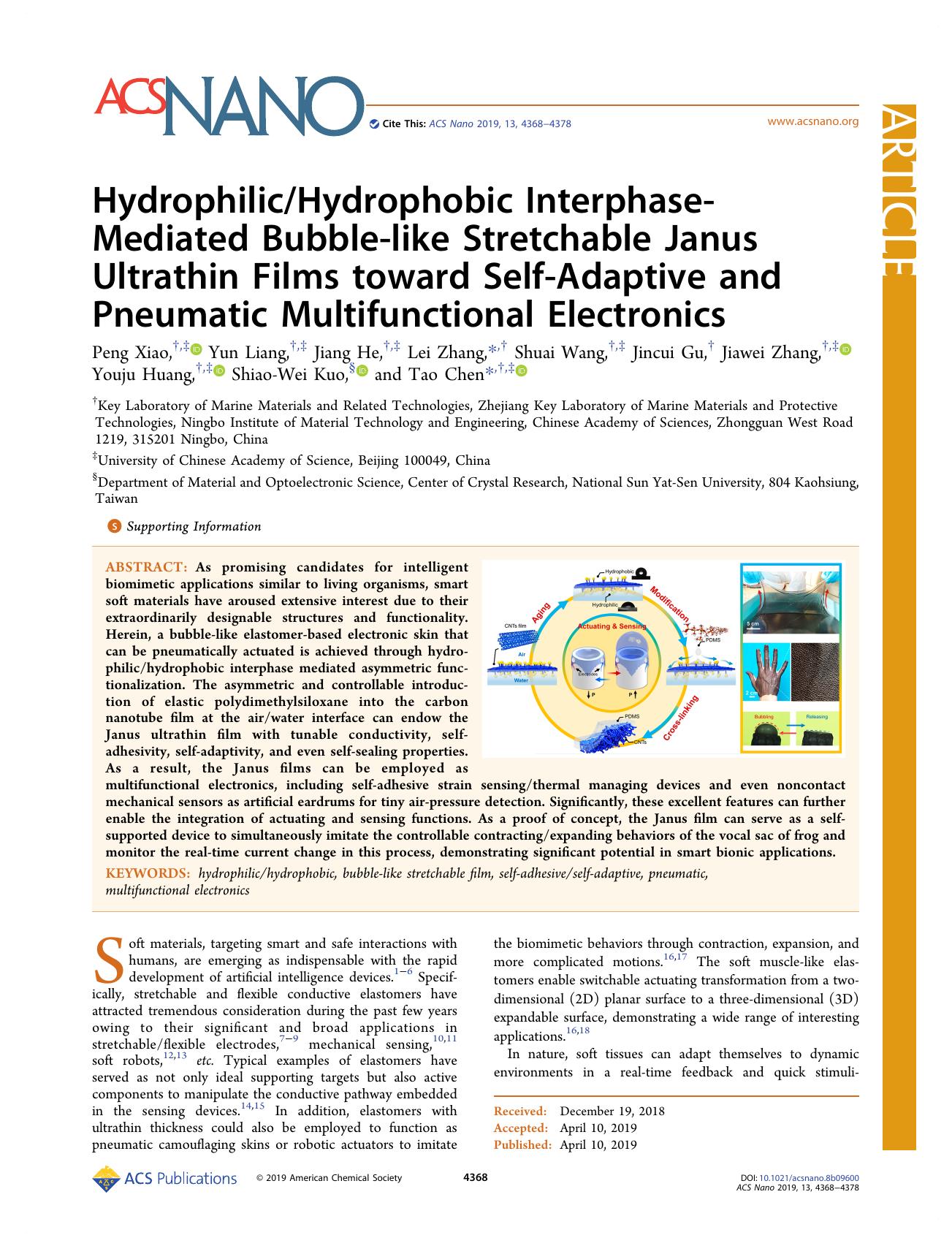 HydrophilicHydrophobic Interphase-Mediated Bubble-like Stretchable Janus Ultrathin Films toward Self-Adaptive and Pneumatic Multifunctional Electronics by unknow