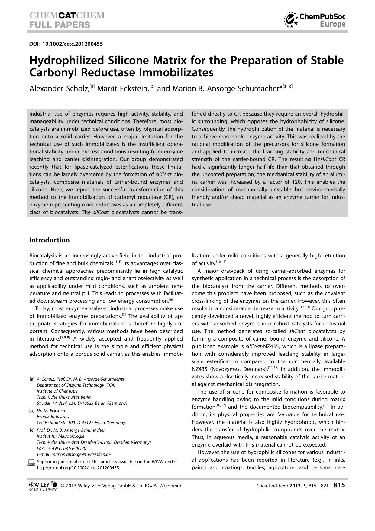 Hydrophilized Silicone Matrix for the Preparation of Stable Carbonyl Reductase Immobilizates by Unknown