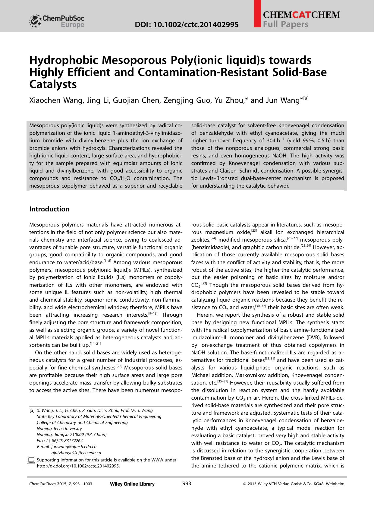 Hydrophobic Mesoporous Poly(ionic liquid)s towards Highly Efficient and ContaminationResistant SolidBase Catalysts by Unknown