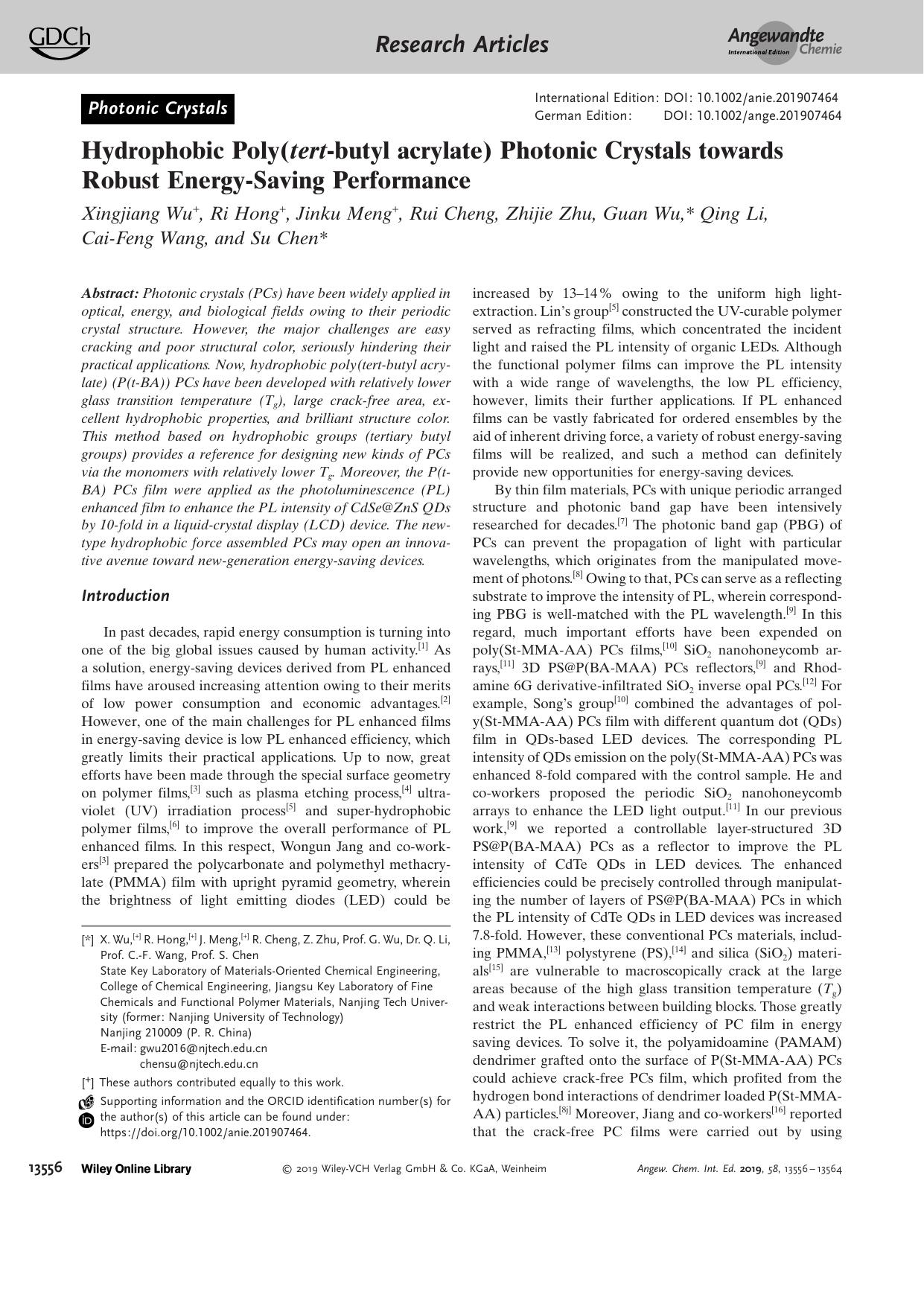 Hydrophobic Poly(tertâbutyl acrylate) Photonic Crystals towards Robust EnergyâSaving Performance by Unknown