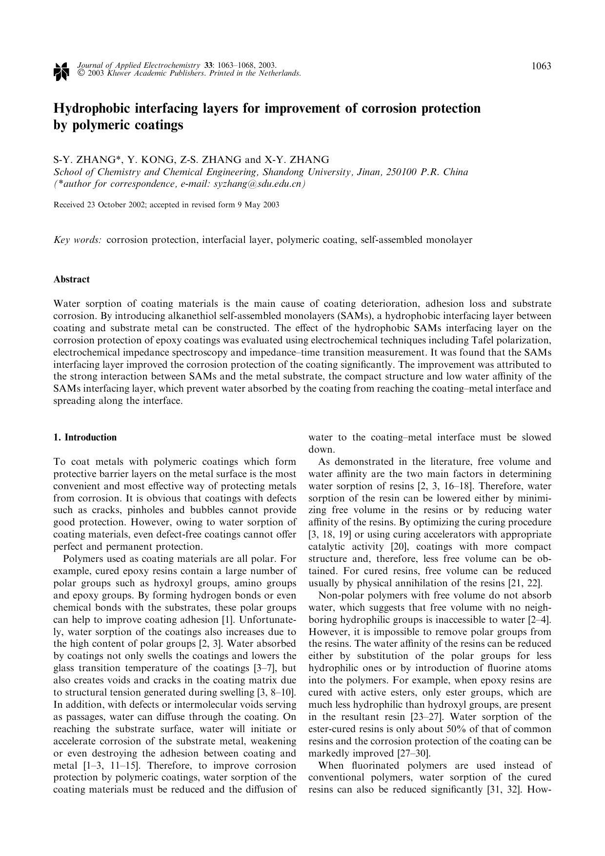 Hydrophobic interfacing layers for improvement of corrosion protection by polymeric coatings by Unknown