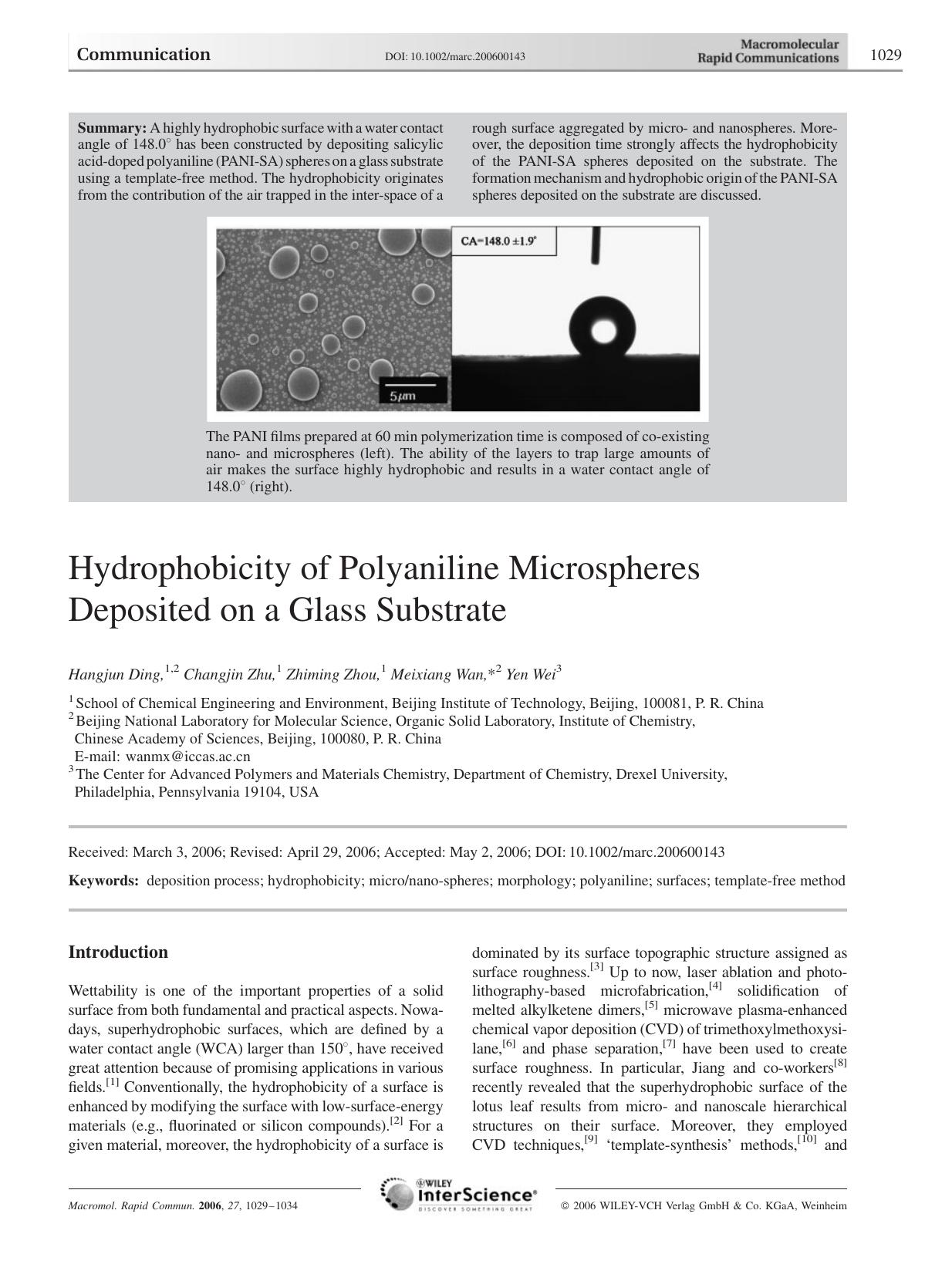 Hydrophobicity of Polyaniline Microspheres Deposited on a Glass Substrate by Unknown