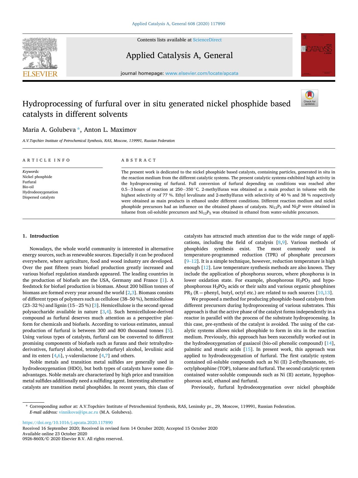 Hydroprocessing of furfural over in situ generated nickel phosphide based catalysts in different solvents by Maria A. Golubeva & Anton L. Maximov