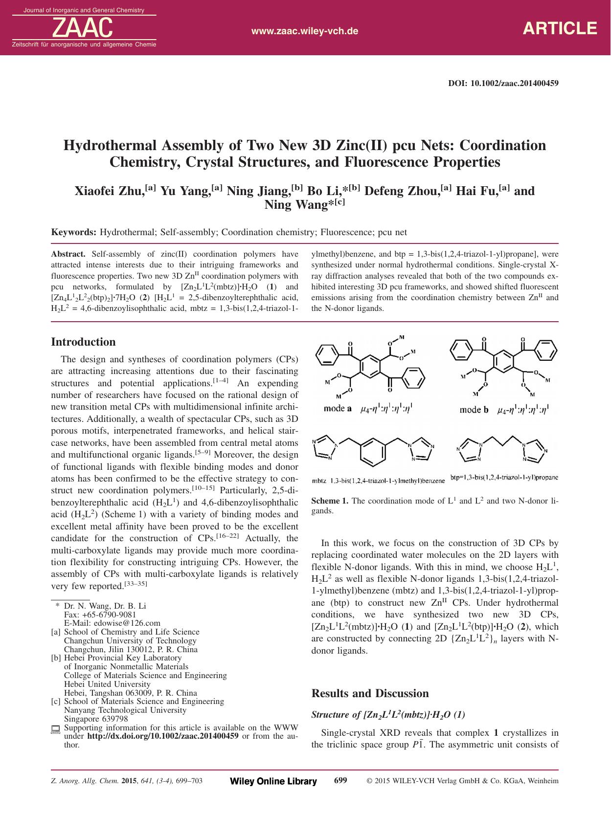 Hydrothermal Assembly of Two New 3D Zinc(II) pcu Nets: Coordination Chemistry, Crystal Structures, and Fluorescence Properties by Unknown