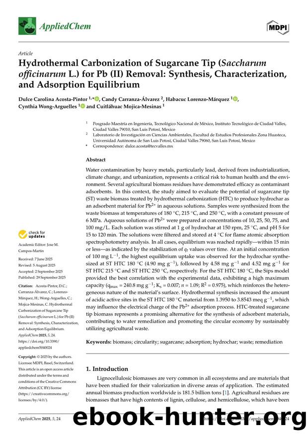 Hydrothermal Carbonization of Sugarcane Tip (Saccharum officinarum L.) for Pb (II) Removal: Synthesis, Characterization, and Adsorption Equilibrium by unknow