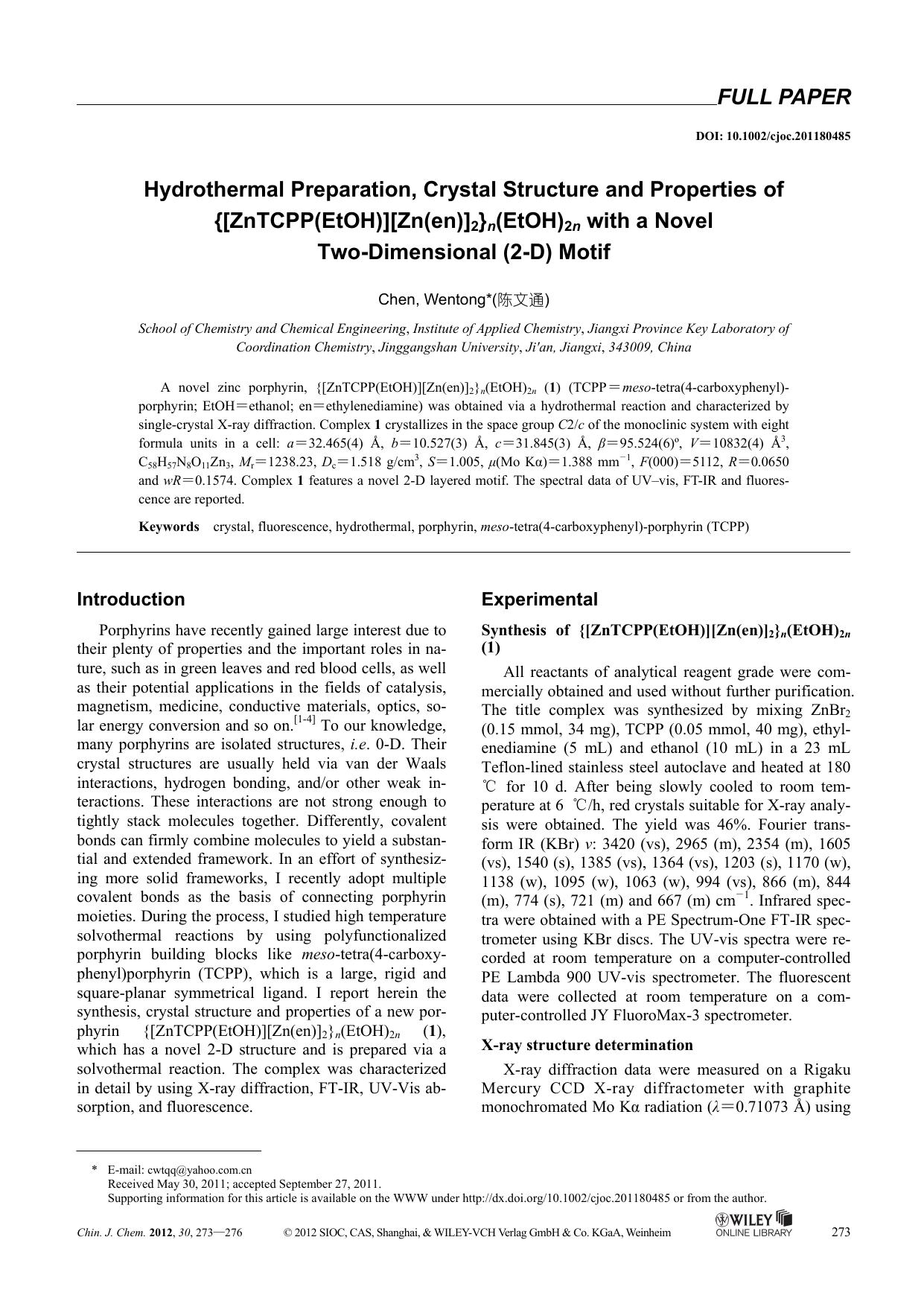Hydrothermal Preparation, Crystal Structure and Properties of {[ZnTCPP(EtOH)][Zn(en)]2}n(EtOH)2n with a Novel TwoDimensional (2D) Motif by uy