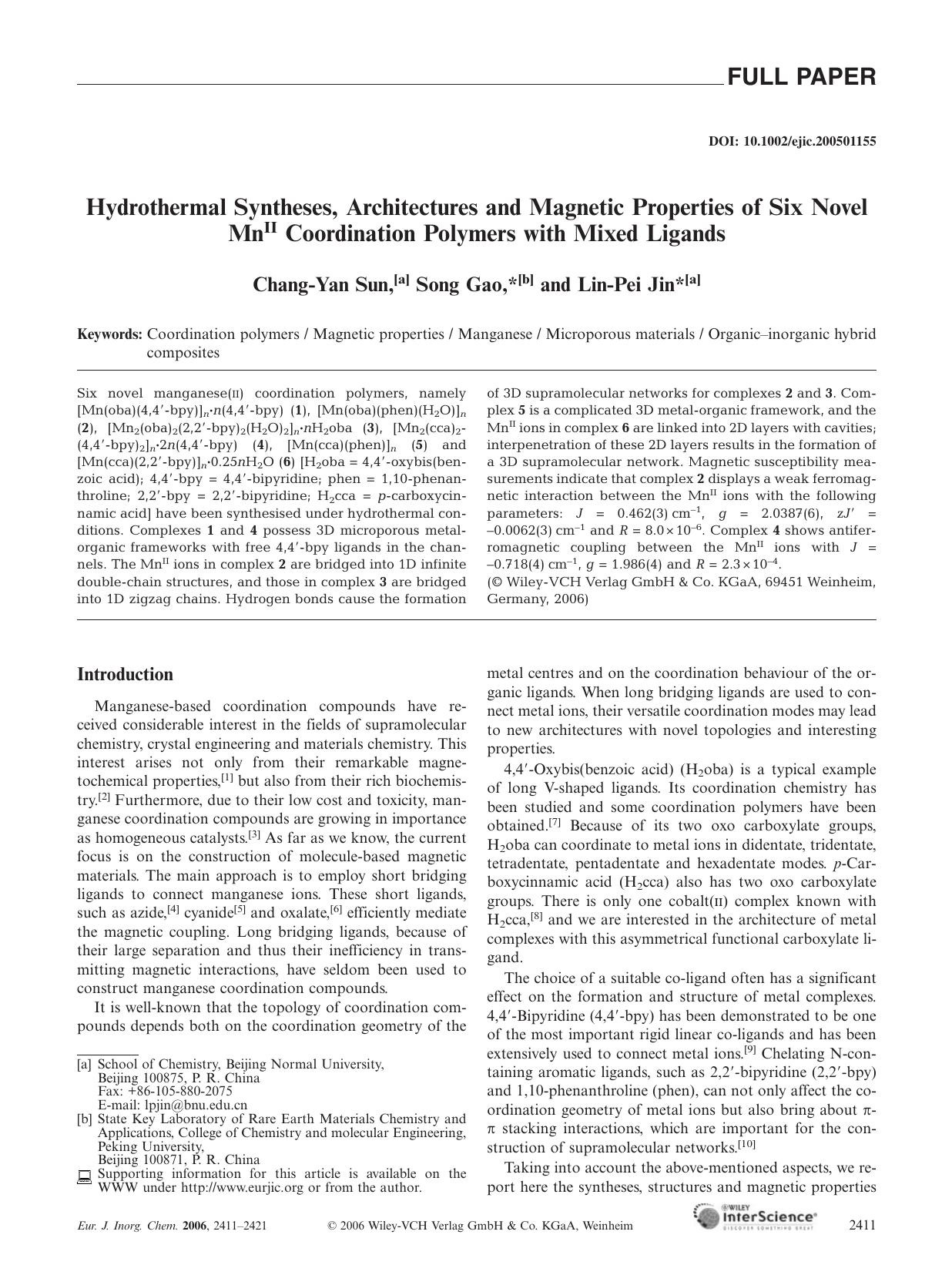 Hydrothermal Syntheses, Architectures and Magnetic Properties of Six Novel MnII Coordination Polymers with Mixed Ligands by Unknown