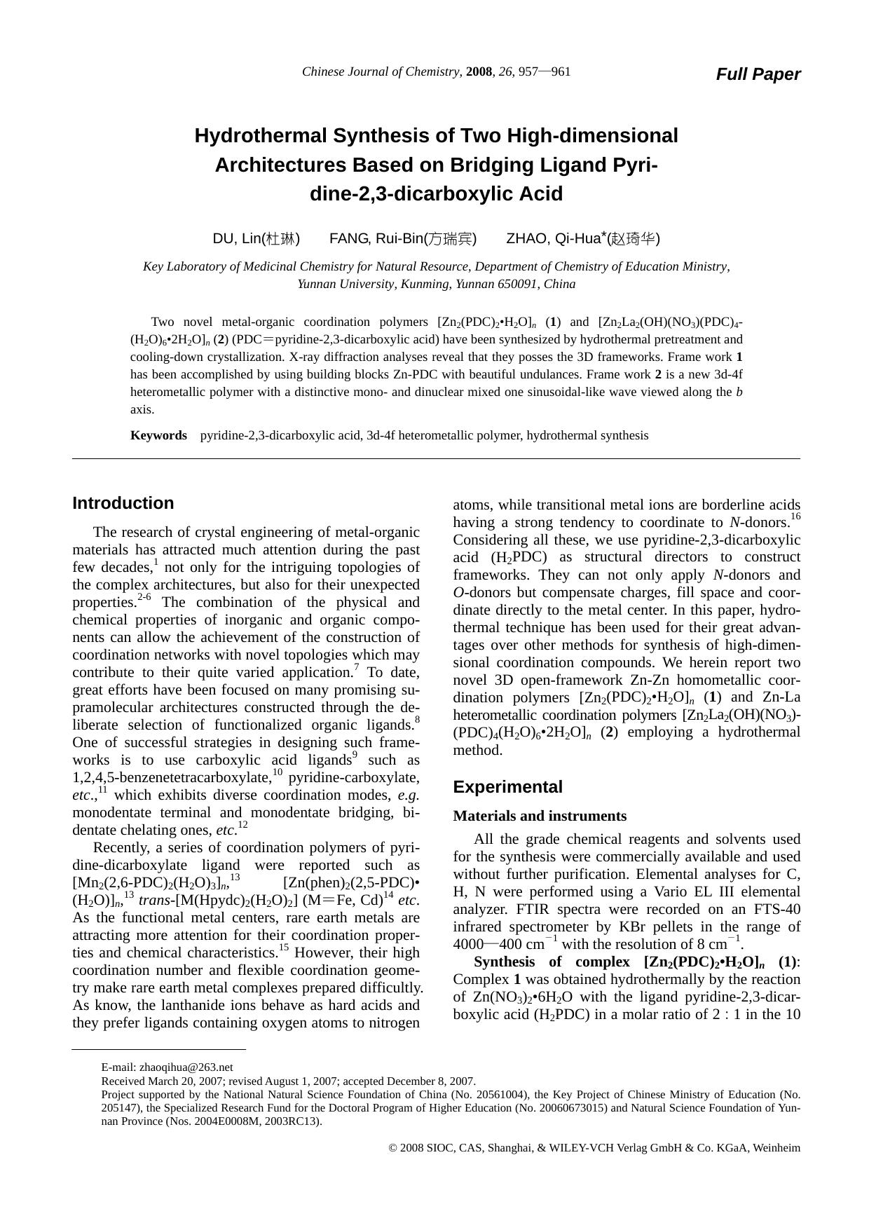 Hydrothermal Synthesis of Two High-dimensional Architectures Based on Bridging Ligand Pyridine-2,3-dicarboxylic Acid by uy