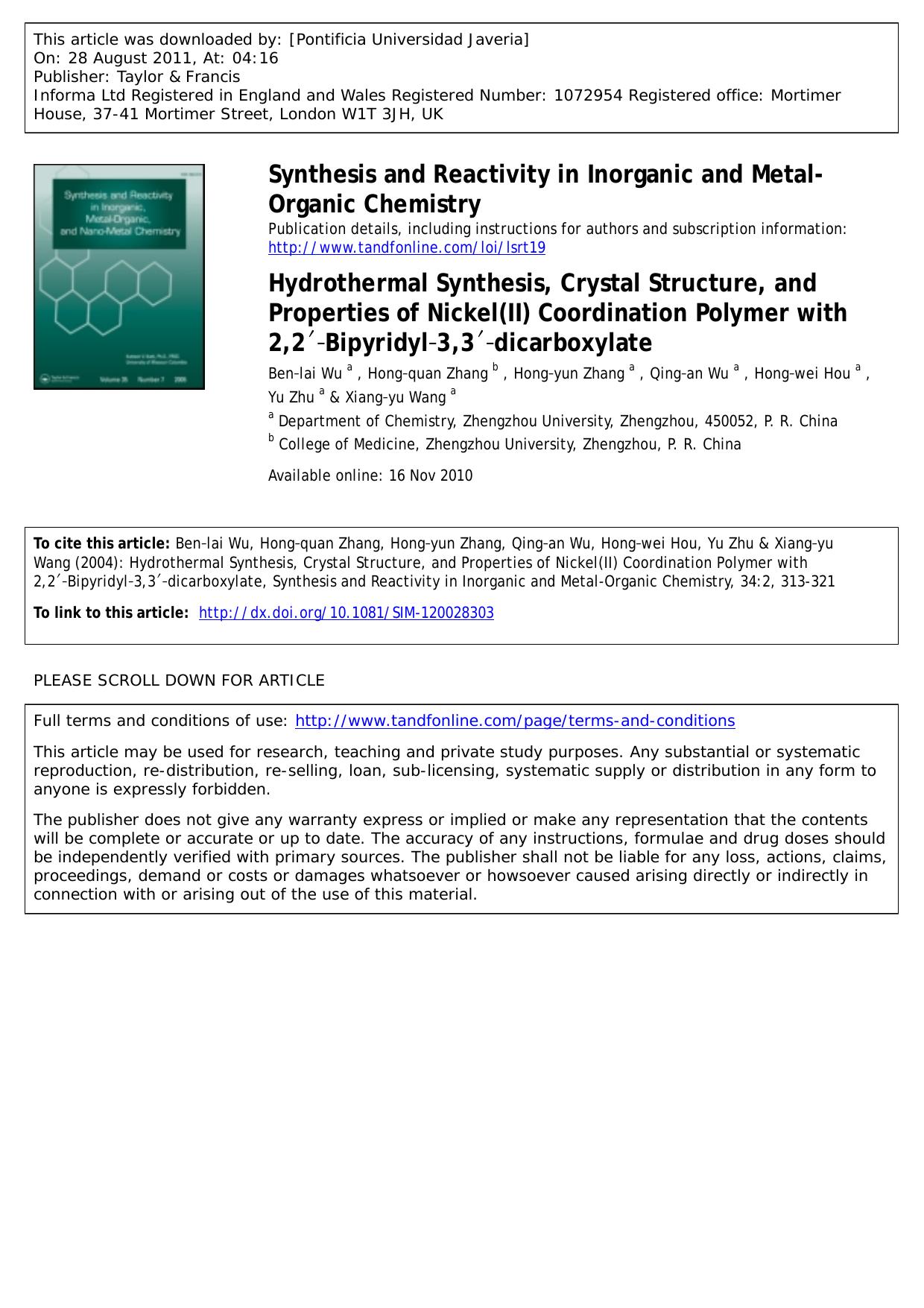 Hydrothermal Synthesis, Crystal Structure, and Properties of Nickel(II) Coordination Polymer with 2,2â²âBipyridylâ3,3â²âdicarboxylate by unknow